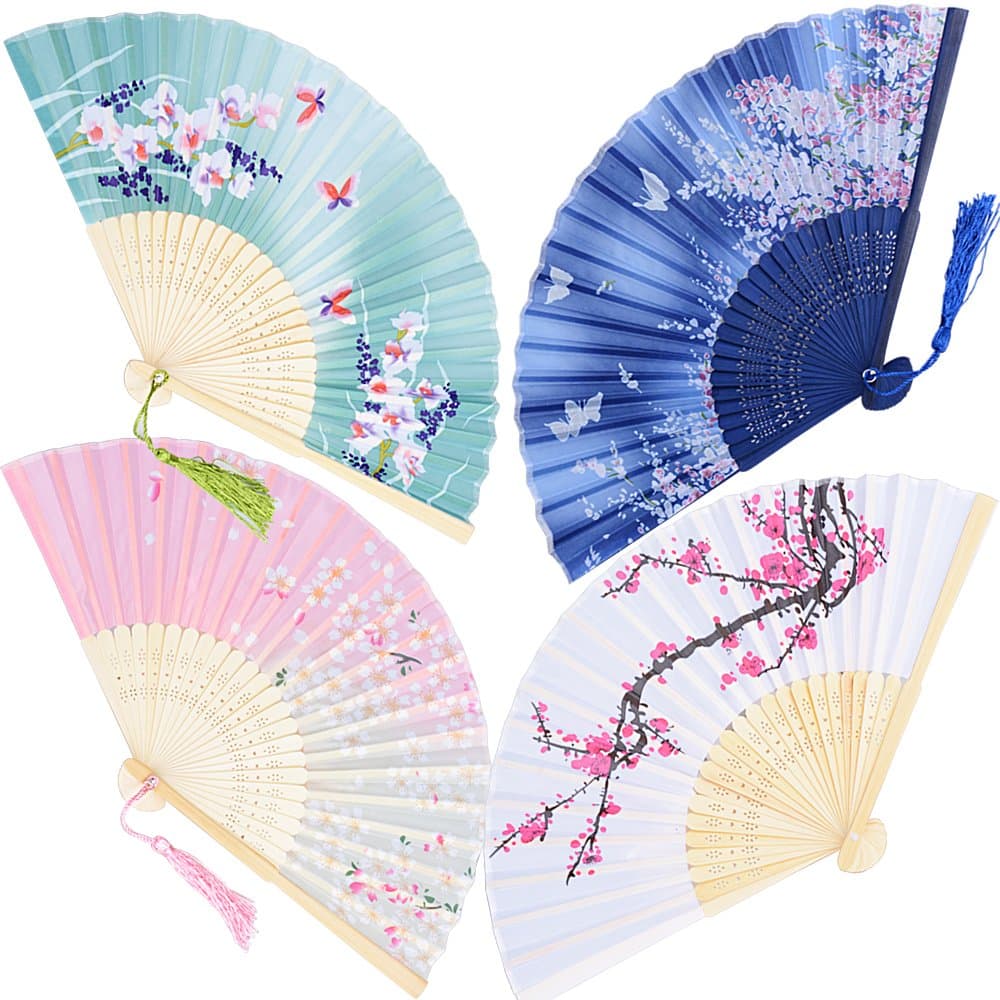 4 Pcs Hand Fans Folding Fans Hand Fans Bamboo Fans with Tassel Folding Fan Folding Fan Pocket Compartments for Wall Decoration Gifts Wedding (38 cm x 21 cm)