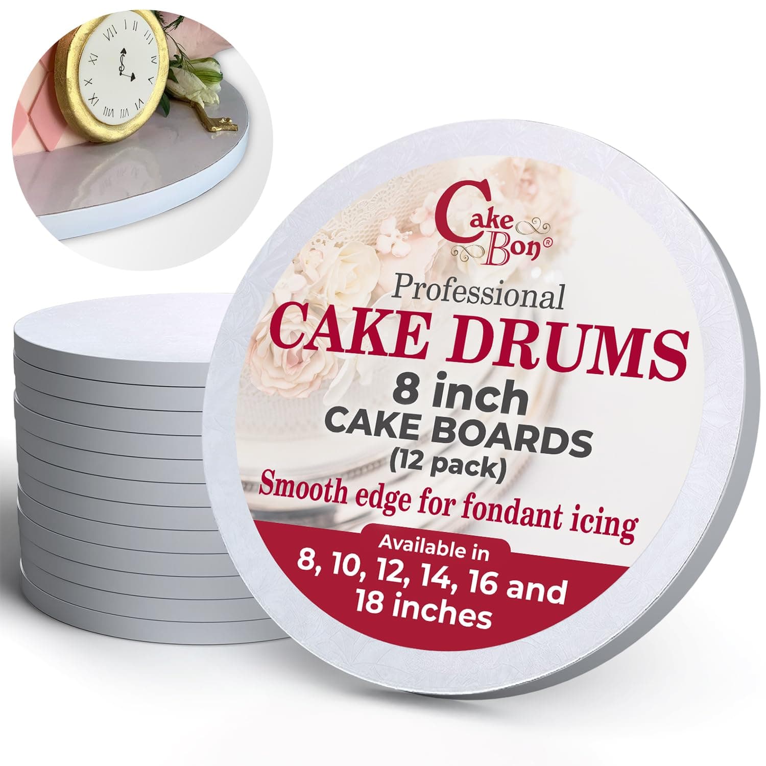 Cakebon Round Cake Boards - Sturdy 1/2 Thick Drums - 8 Inch Professional Smooth Straight Edges White 12-Pack