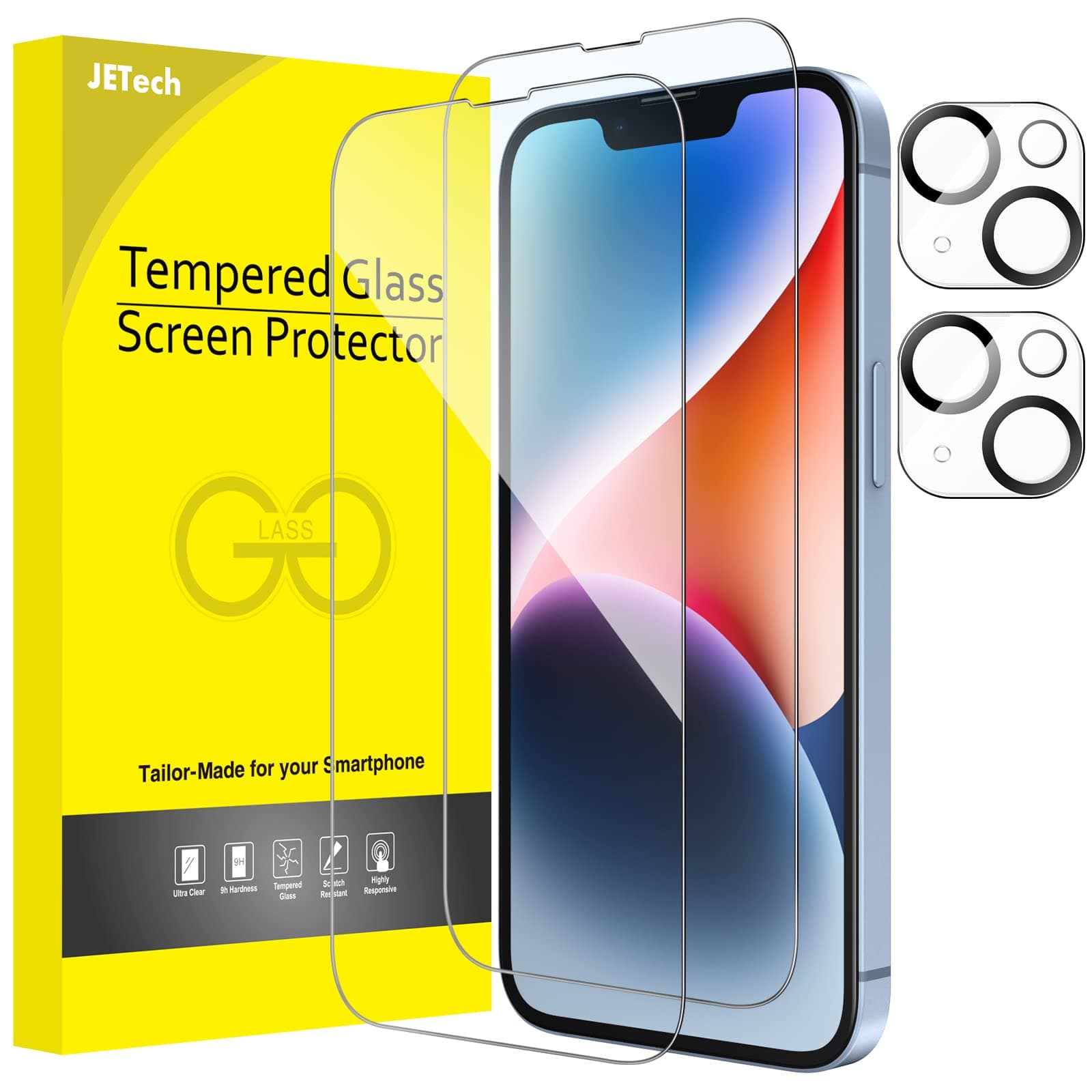 JETech Full Coverage Screen Protector for iPhone 14 Plus 6.7-Inch with Camera Lens Protector, Tempered Glass Film, HD Clear, 2-Pack Each