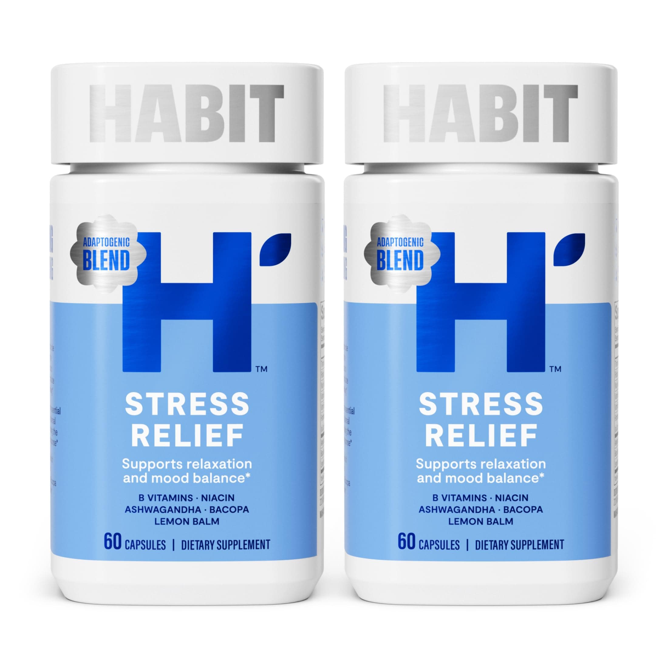 Habit Stress Relief Supplement 2 Pack (120 Capsules) - New Look, Supports Relaxation & Mood Balance, Vitamin B, Adaptogens, Lemon Balm, Calming, Vegan, Non-GMO