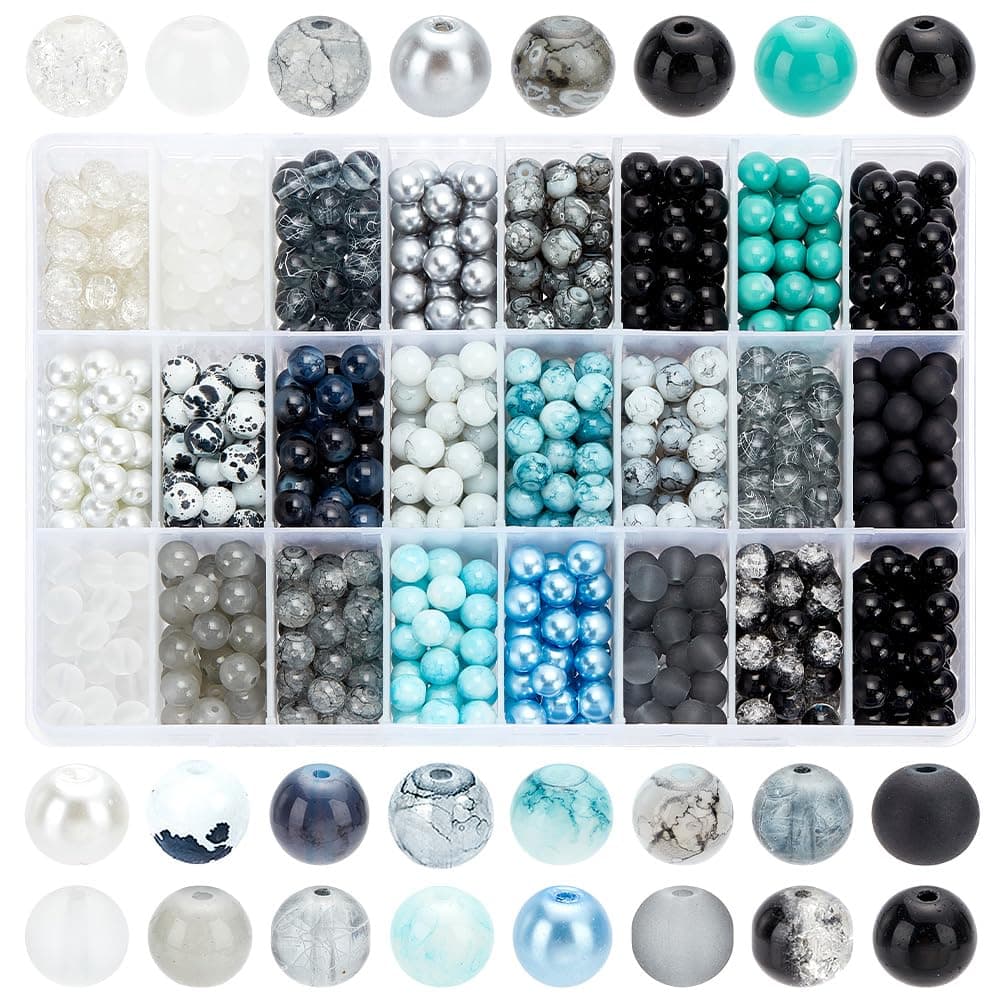 1080pcs 8mm Glass Beads 24 Color Black Bracelet Beads Round Crystal Glass Bead Marble Rosary Loose Bead for Bracelet Necklace Jewelry Making Supplies Women Men Eid Mubarak Ramadan Decoration