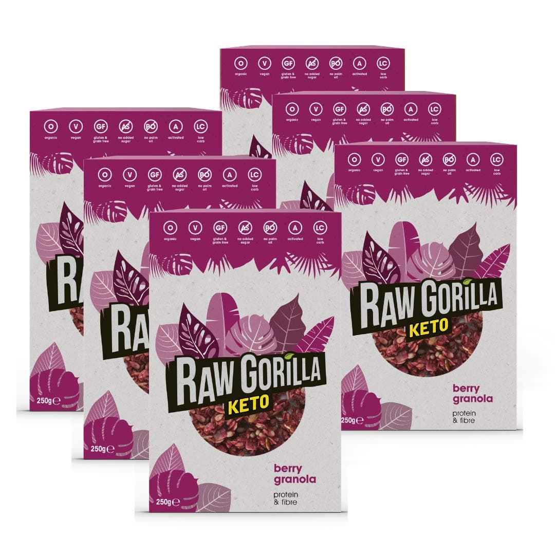 Raw Gorilla Keto Berry Granola 6 Pack of 250g | Low Sugar, Vegan, No Added Sugar, Low Carb 4g Net Carbs, Plant Based Breakfast Cereal with Activated Nuts, Grain & Gluten Free
