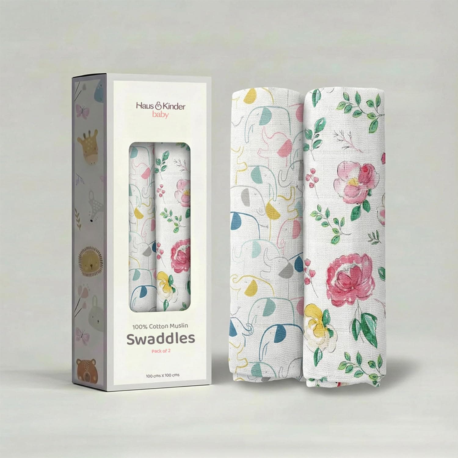 - 100% Cotton Muslin Swaddle Wrap for New Born Baby | Pack of 2 (100×100 cm) | Baby Blanket & Swaddles for Newborn | Elephant & Ditsy Floral