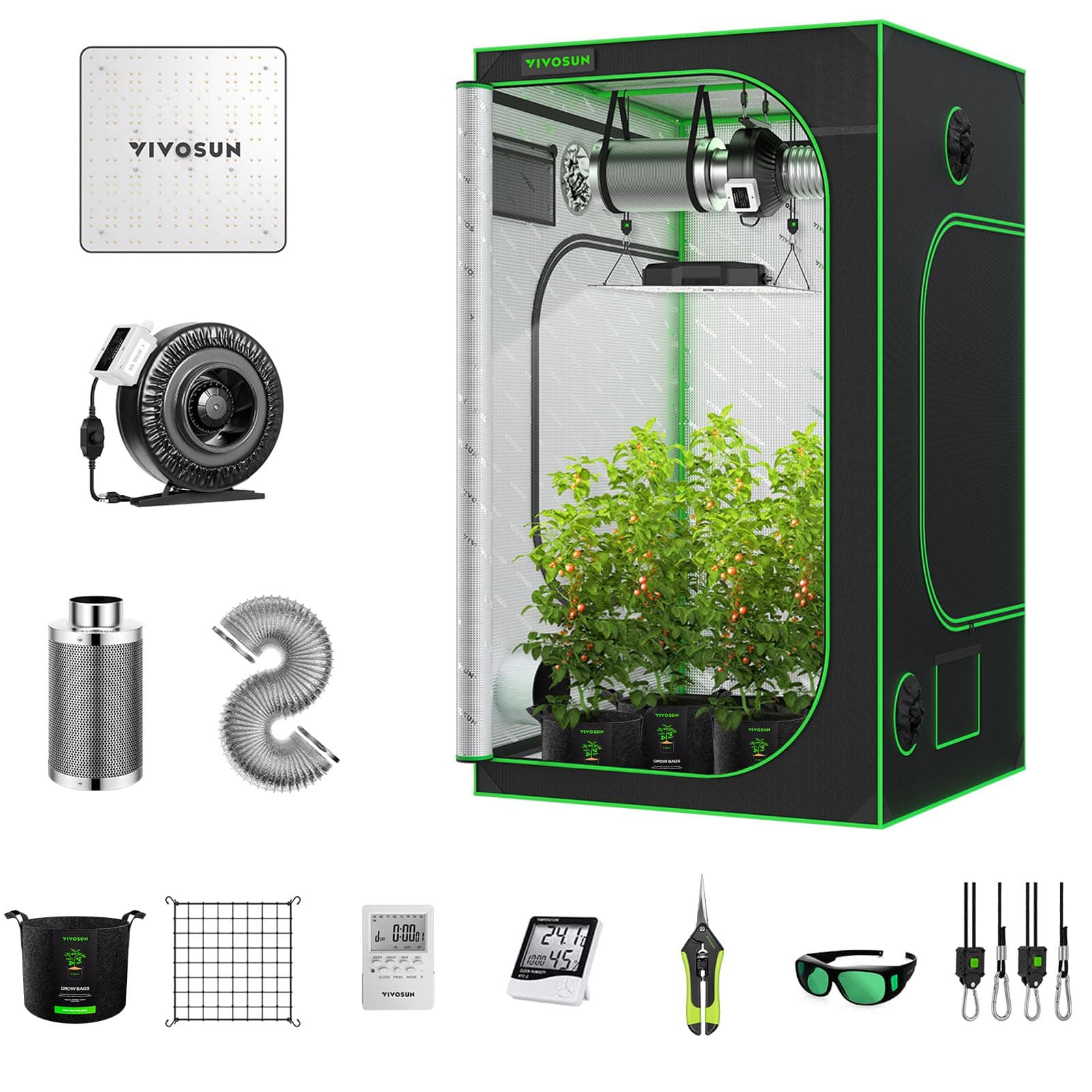 VIVOSUN GIY 4x4 Grow Tent Kit Complete, 4x4 Ft. Grow Tent Complete System with VS1000 Led Grow Light 6 Inch 440CFM Inline Fan Carbon Filter and 8ft Ducting Combo, 48"x48"x80"