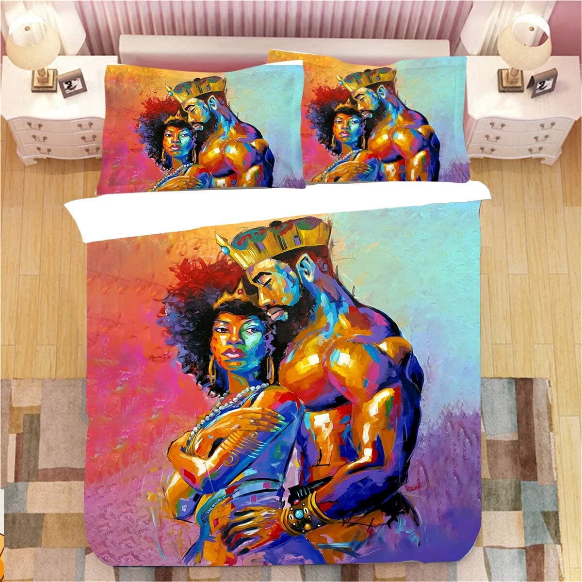 King African American Lovers Couple Queen 3D Printed 3pcs Bedding Set Duvet Cover Bed Cover Set Bedspreads Home Textiles (USA Queen)