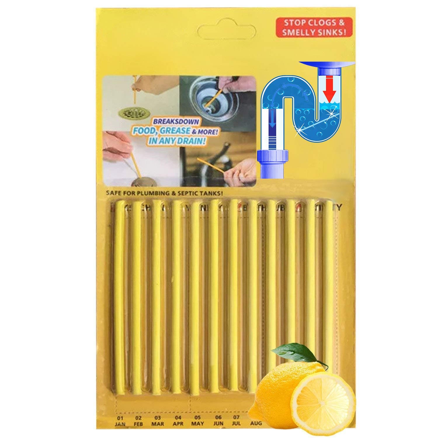 Kitchen Sink Drain Cleaner Sticks - Shower Bathtub Toilet Enzymes Snake Drain Cleaner and Deodorizer Keeps Sewer Pipe Clear and Odor Free, Drain Cleaning Products As Seen On TV (Lemon Scent, 12 Pack)