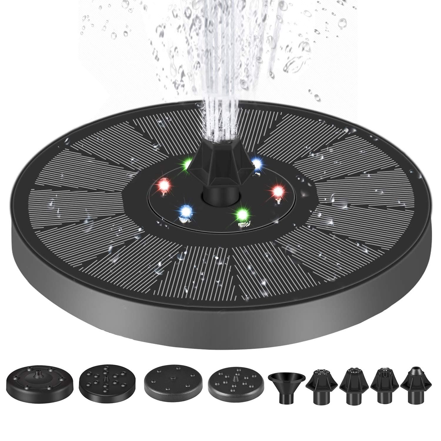 Solar Fountain Pump, 3W Solar Powered Water Pump with LED Lights Solar Panel with 7 Nozzles Kit Water Pump for Pond, Fountain, BirdBath, Garden Decoration, Water Cycling