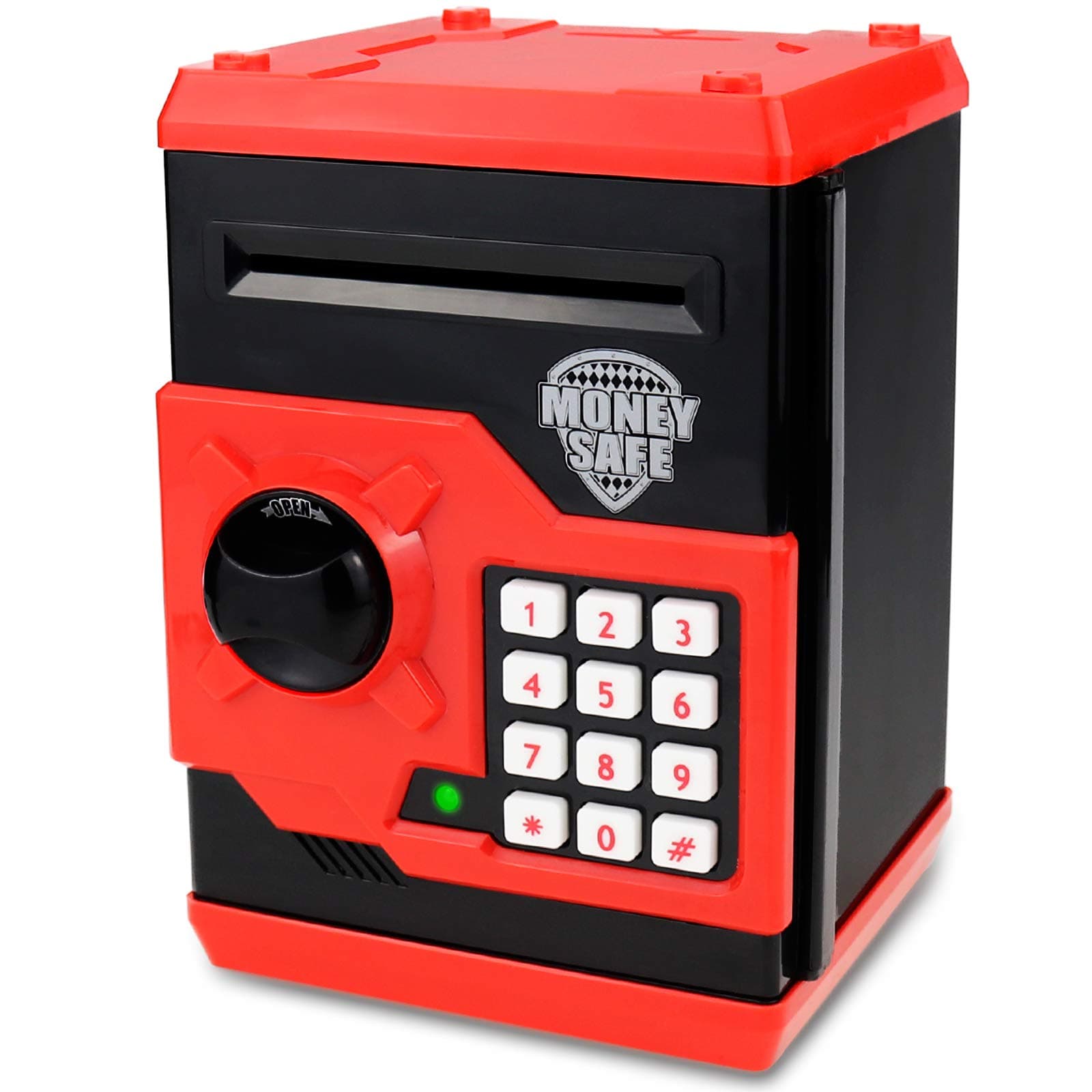 Kids Money Bank, Electronic Piggy Banks, Great Gift Toy for Kids Children, Auto Scroll Paper Money Saving Box Password Coin Bank,Perfect Toy Gifts for Boys Girls (Black red)