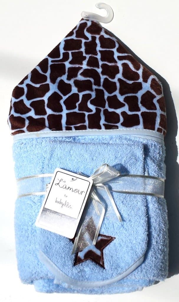 Baby Kiss L'amour Giraffe Spots on Blue Hooded Towel & Washcloth Set