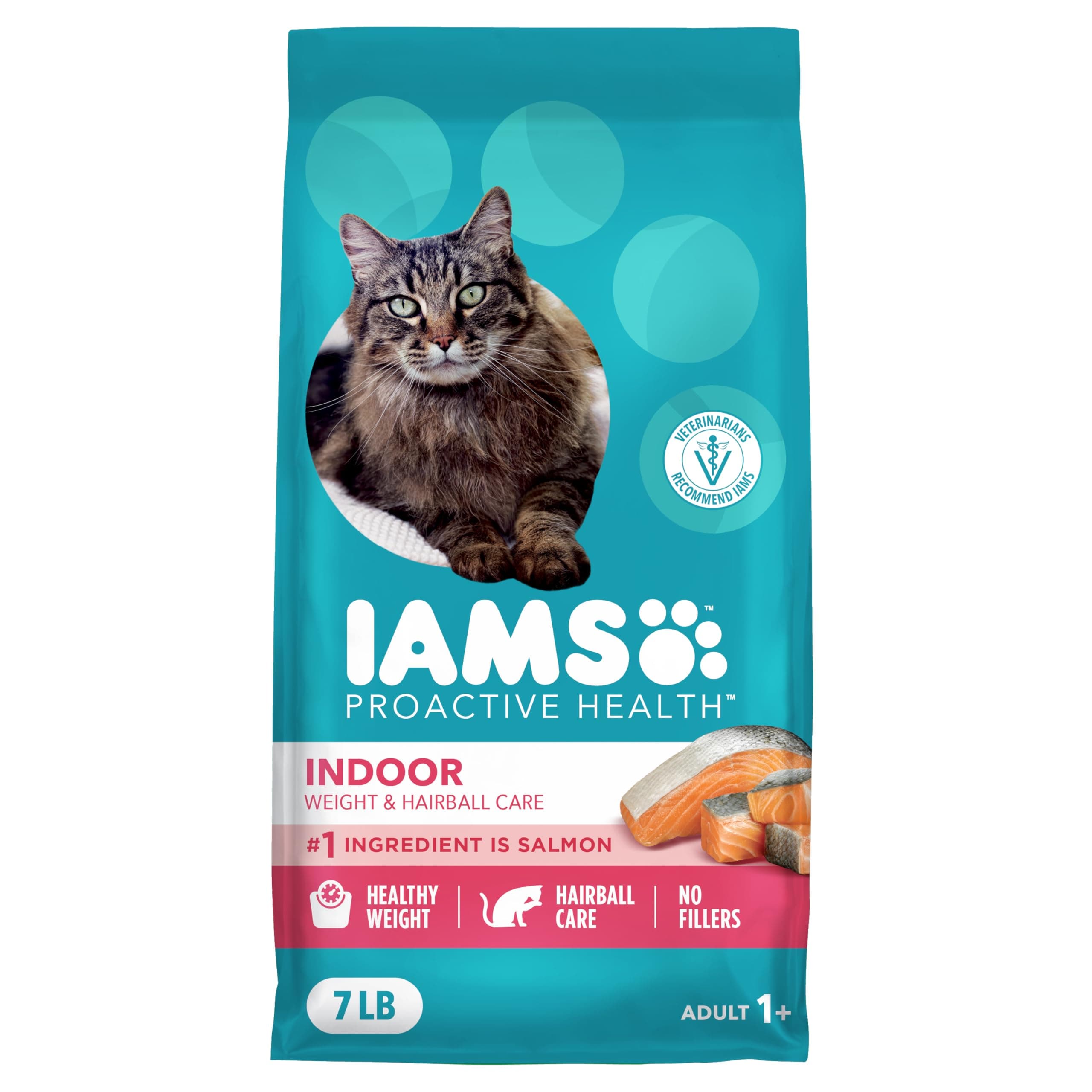 IAMS Proactive Health Dry Cat Food, Indoor Weight and Hairball Care Cat Food Dry Recipe, with Salmon, 7 lb. Bag