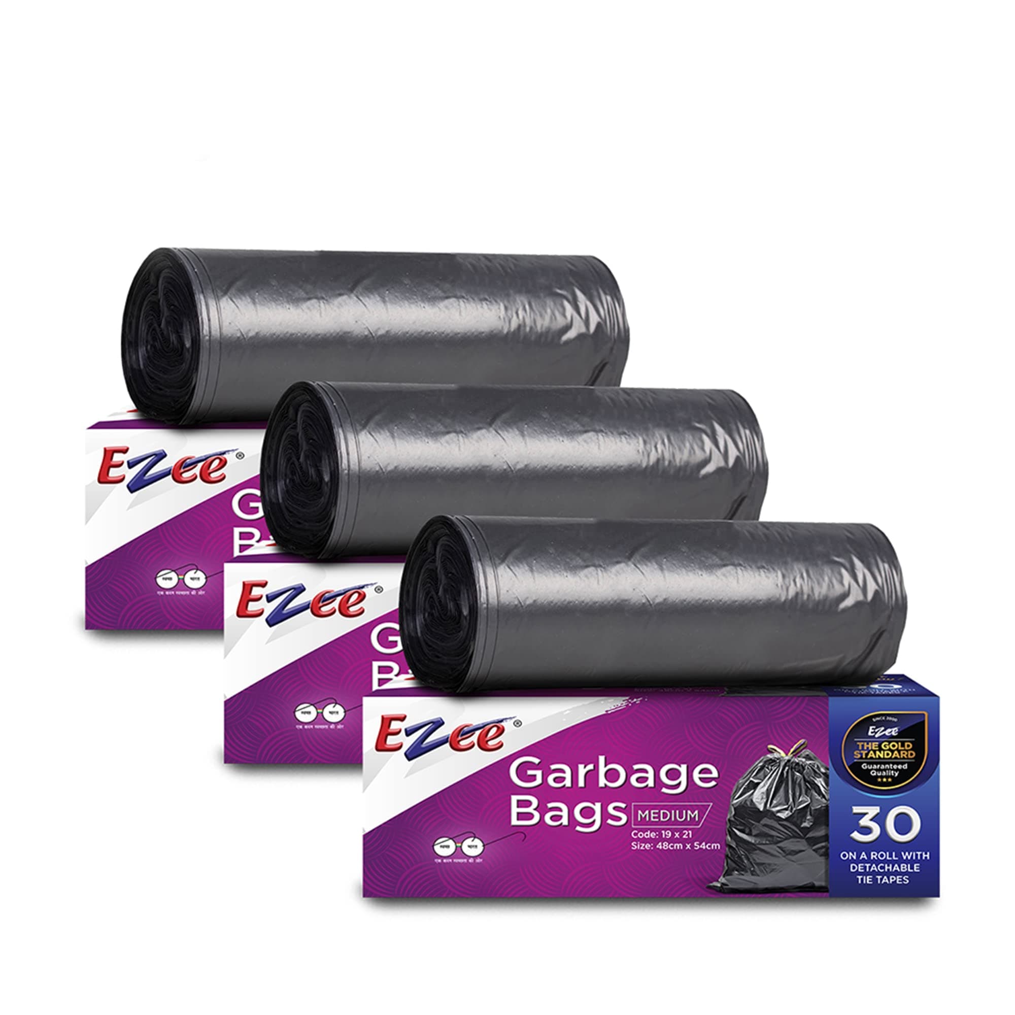 Ezee Garbage Bags/Dustbin Bags/Trash Bags - Medium - 19X21 Inches - Pack Of 3, Black - (30 Bags Per Roll, plastic)