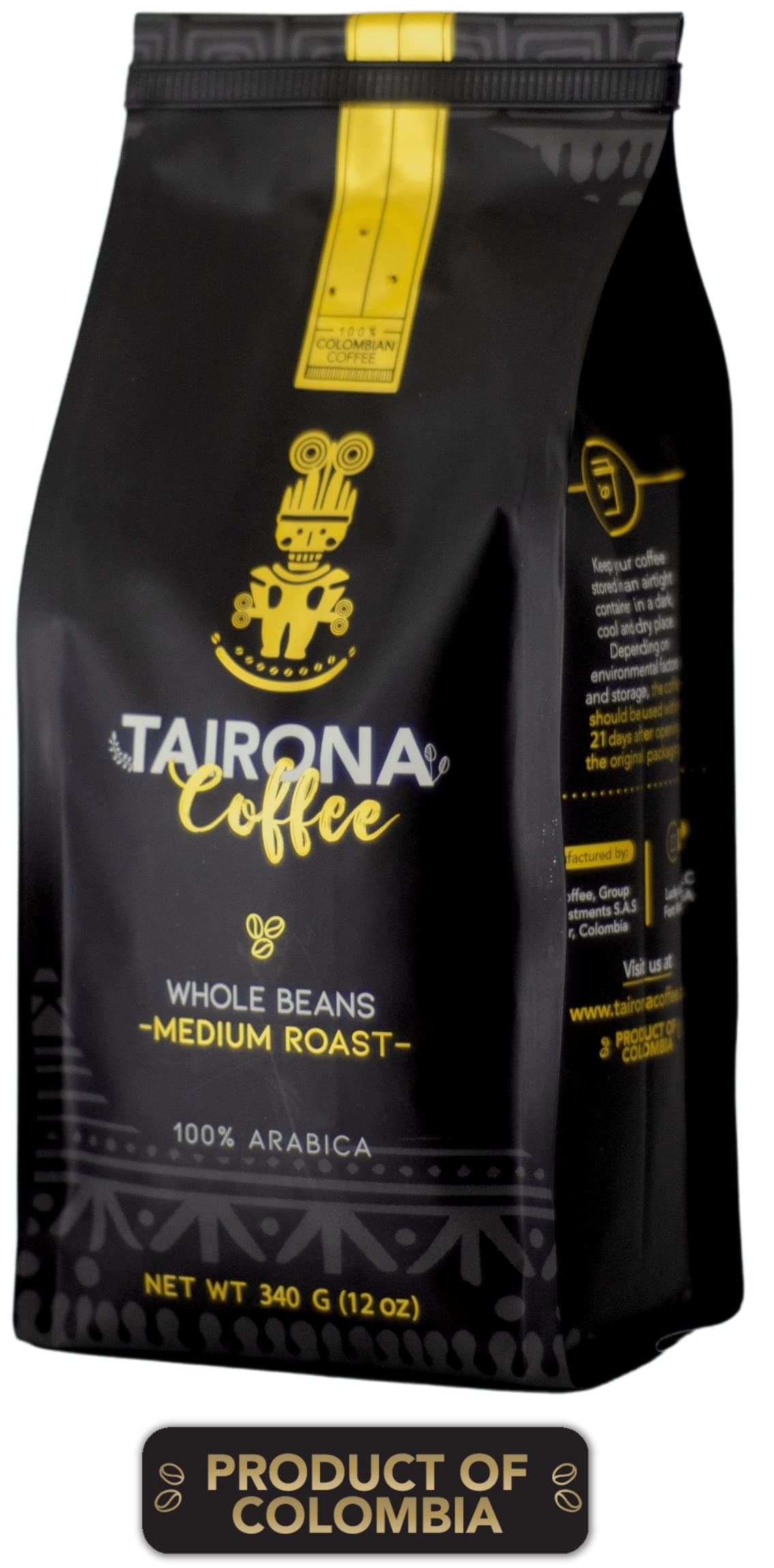 Tairona Coffee, Colombian Medium Roast Gourmet Coffee 100% Arabica Beans, Shade Grown on Small Farms, Single Origin, Single Source, 12 oz bag, Specialty Coffee Beans, Chocolatey Nutty Hints, Whole Bean Coffee from Colombia