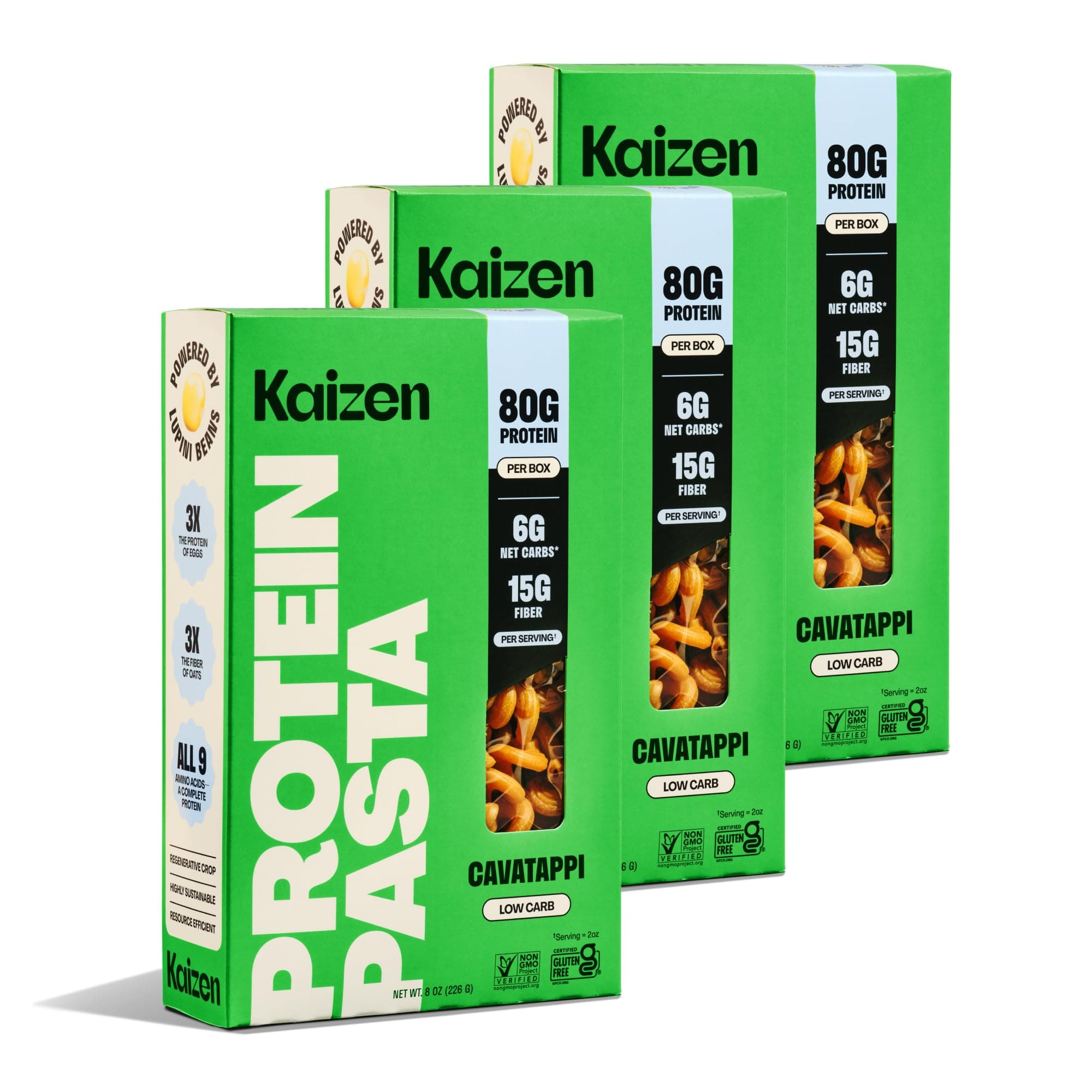 Kaizen Low Carb Keto Pasta Cavatappi - High Protein (20g), Gluten-Free, Keto-Friendly (6g Net), Plant-Based Lupini Noodles made w/High Fiber Lupin Flour - 8 ounces (Pack of 3)