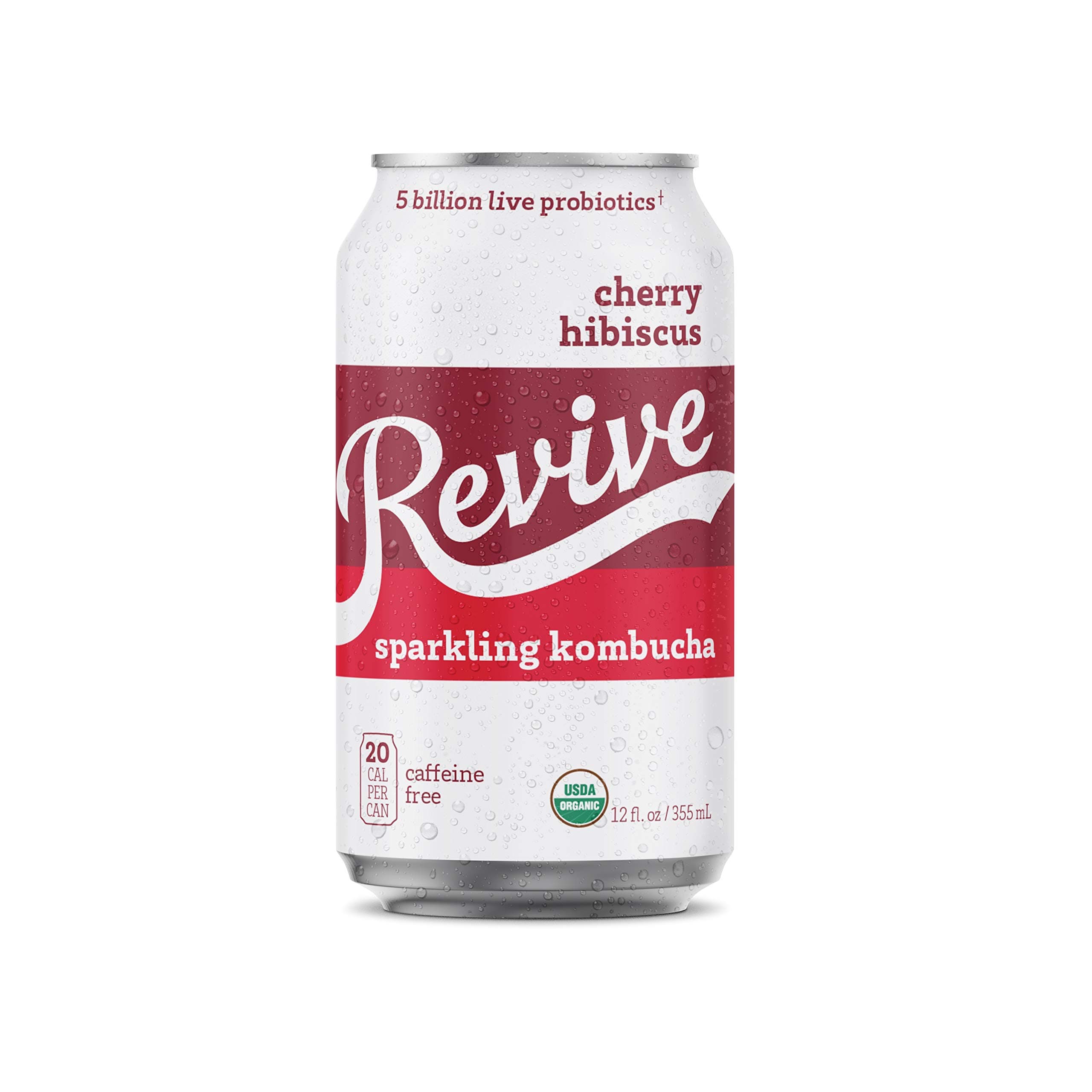 Revive Organic Cherry Hibiscus Sparkling Probiotic Seltzer 12-Pack | Billions of Live Probiotics, Low-Calorie, 5g Organic Cane Sugar, Vegan & Gluten Free | Supports Gut Health and Immune System