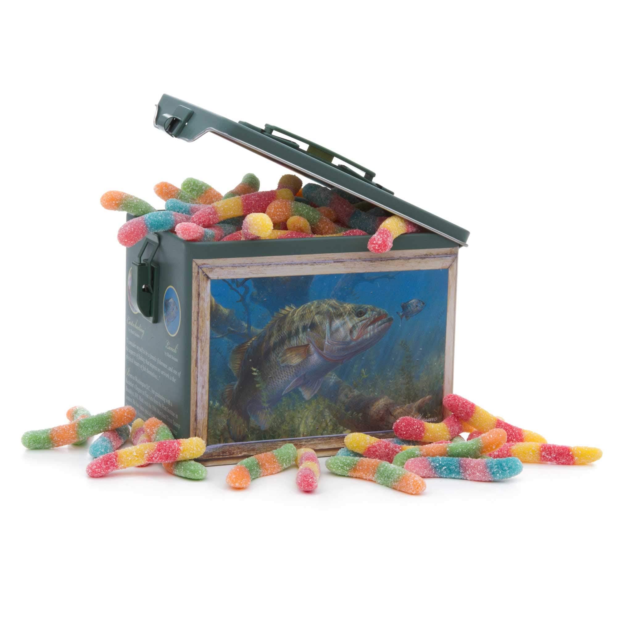 Bass Fishing Collector Tin - Includes 2 packages of Sour Gummi Worms. Great novelty gift or stocking stuffer