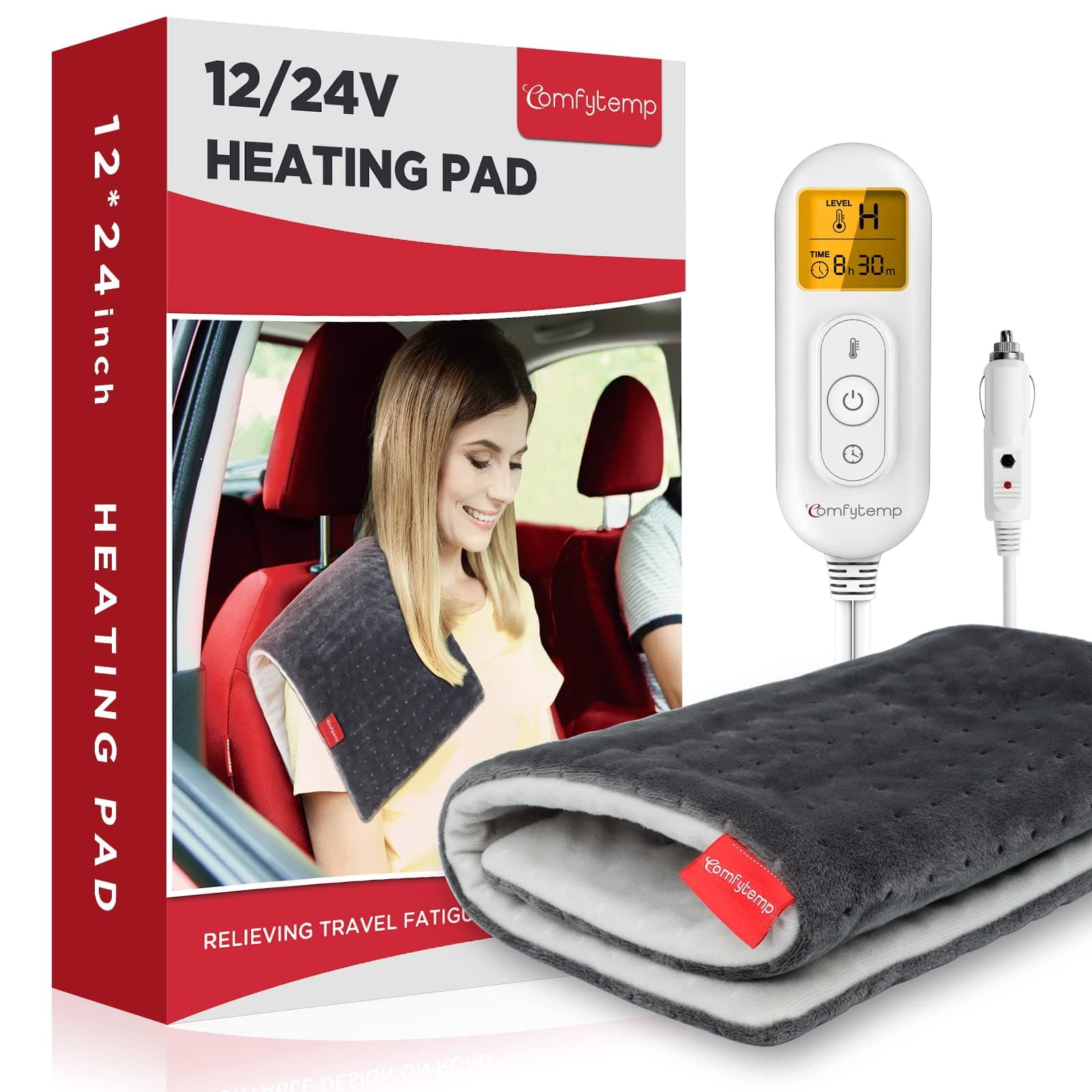 Comfytemp 12V/24V Car Electric Blanket for Back, 4 Heat Settings, 11Auto-Off, Portable Mini Travel Blanket for Neck, Shoulders, Hip, Waist, Truck, SUV, 12" x 24" Washable for Drivers Women Men Winter