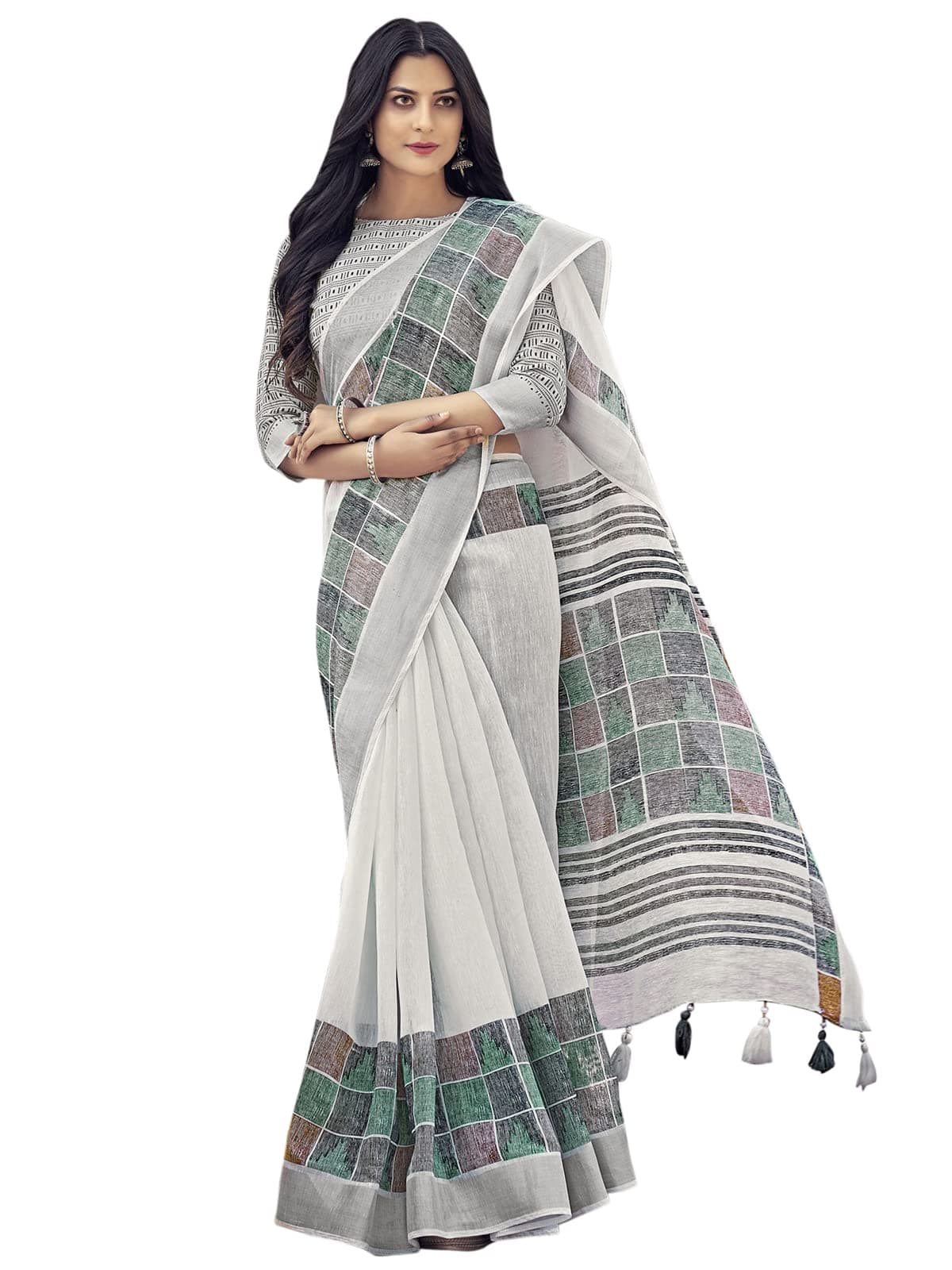 Women's Silver Border & Printed Cotton Saree with Blouse
