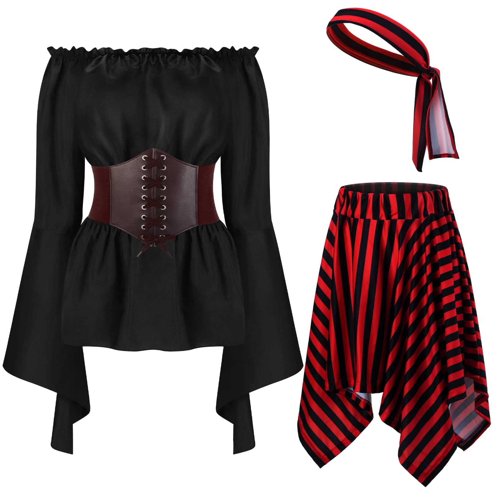Shihanee4 Pcs Womens Pirate Costume Cosplay Renaissance Blouse Tops Corset Waist Belt Pirate Skirt Stripes Headscarf