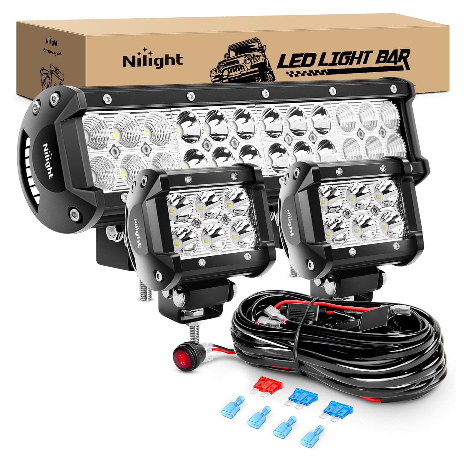 Nilight ZH016 12 Inch 72W Spot Combo Bar 2PCS 4 Inch 18W Flood LED Fog Lights with Off Road Wiring Harness- 2 Leads, 2 Years Warranty, White