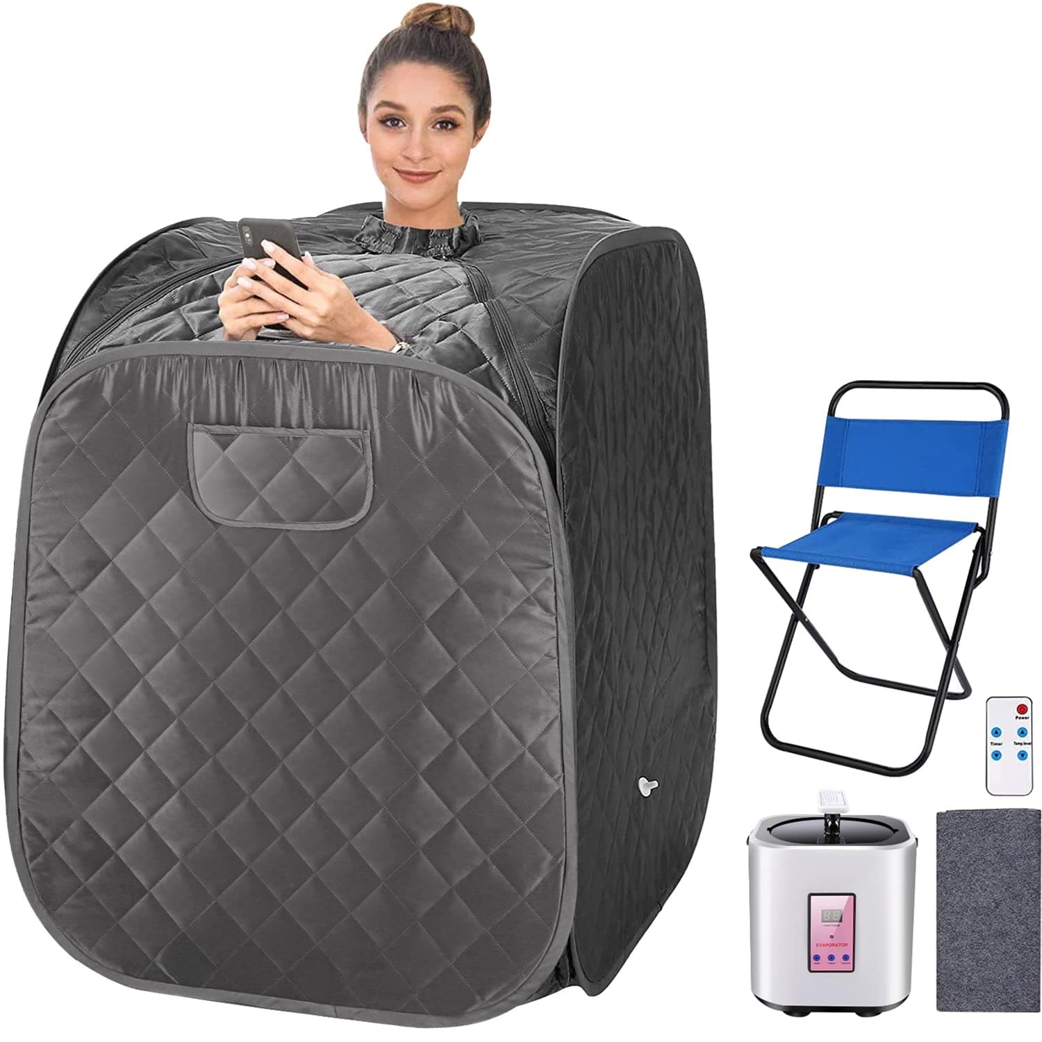 Portable Personal Sauna 2L Home Steam Sauna Tent Folding Indoor Sauna Spa for Therapeutic Relaxation Detox with Remote Control, Timer, Foldable Chair (Gray)