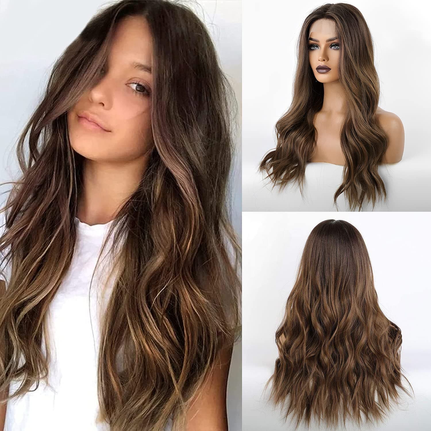 Long Brown Lace Front Wig for Women, 25 Inch Natural Hair Wavy Synthetic Wigs Middle Part Daily Hair Hand Tied/Longlife/Lightweight
