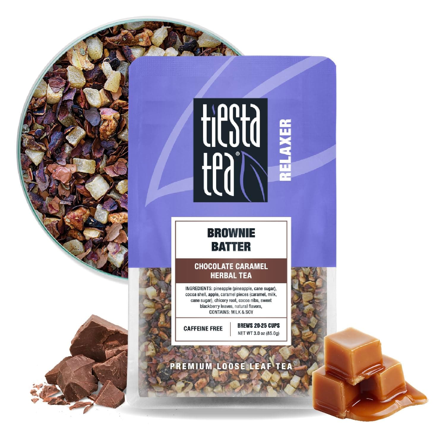 Brownie Batter, Loose Leaf, Chocolate Caramel Herbal Tea, Non-Caffeinated Herbal Drink, Makes Hot or Iced Up to 20-25 Cups, 3oz Resealable Pouch