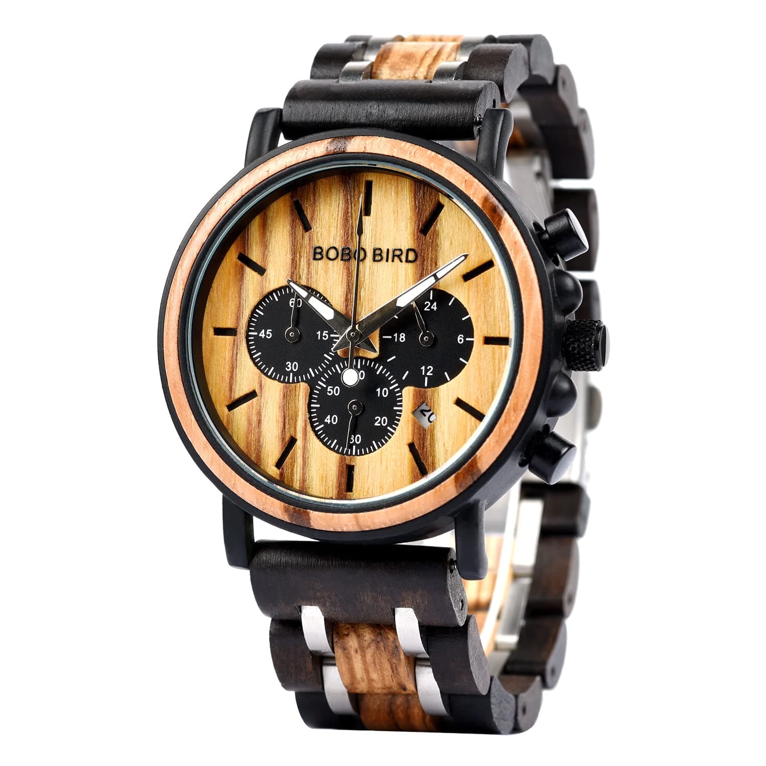 - BOBO BIRD Mens Wooden Watches Business Casual Wristwatches Stylish Ebony Wood & Stainless Steel Combined Chronograph