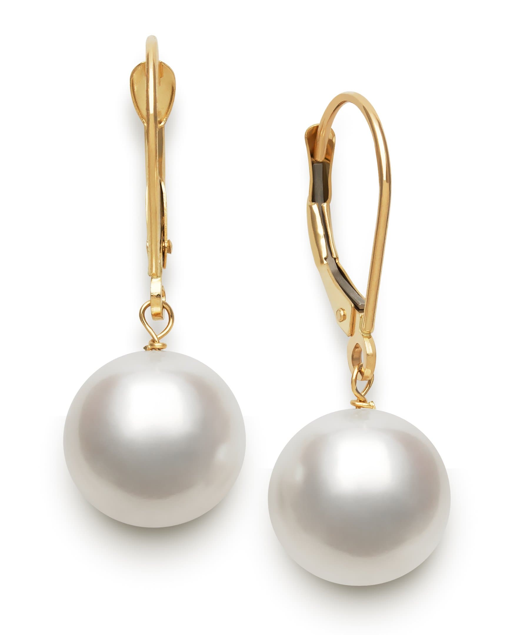 White Cultured Freshwater Pearl Round Dangle Drop Earrings in 14K Yellow Gold, Leverback - Closure, Real Pearl Jewelry for Women, Gift Box Included