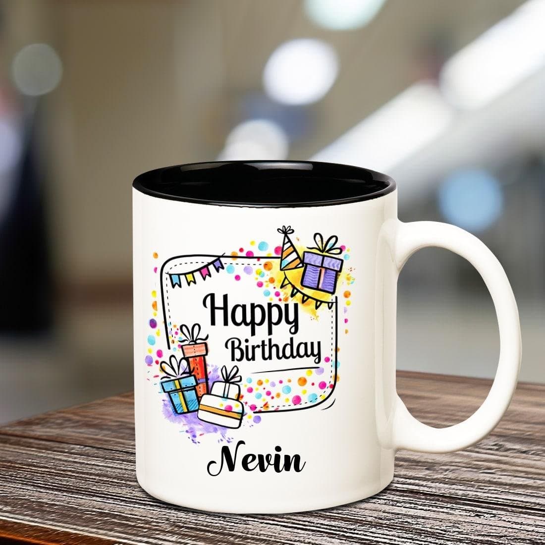 Huppme Happy Birthday Nevin Inner Black Coffee Name Mug