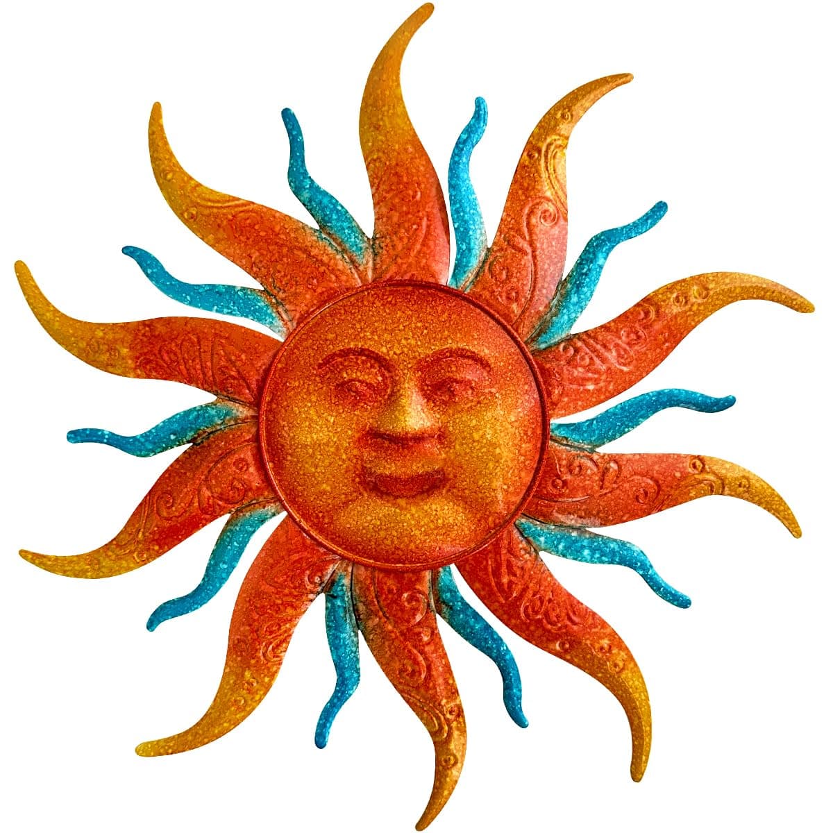 EOORAU Metal Sun Wall Art Decor, Sun Face Garden Sculptures Statues Wall Art Decorations for Indoor and Outdoor, Room Garden Porch Fence Balcony Patio Decor (Orange&Blue, 23.6inch/60cm)