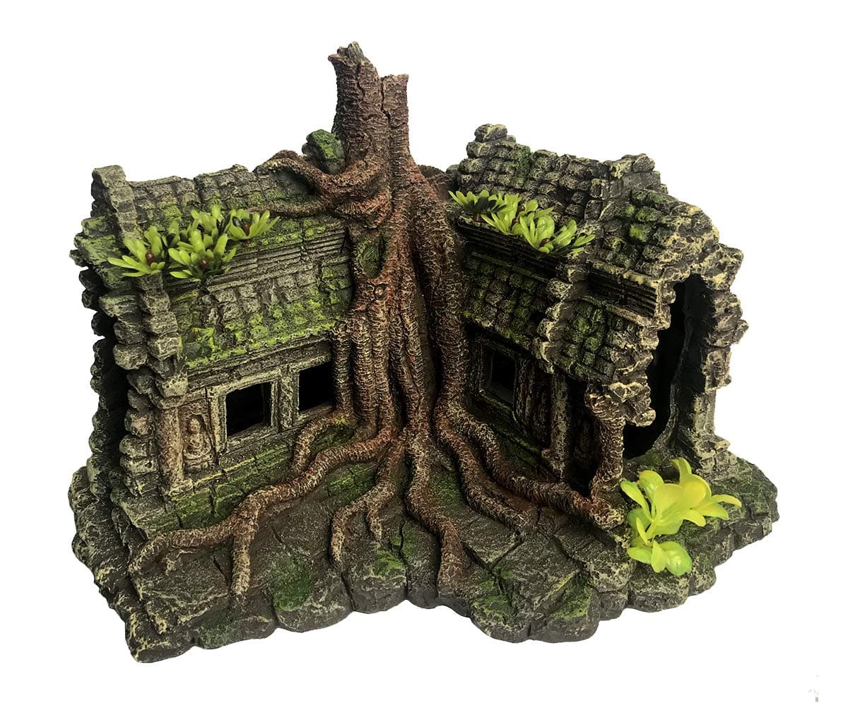 XiR Aquarium Tree House Decor Large Betta Fish Tank Decorations Reptiles Hiding Cave Ornaments Cambodian Buddha Temple Ruins 9.25" x 7.87" x 7.5"