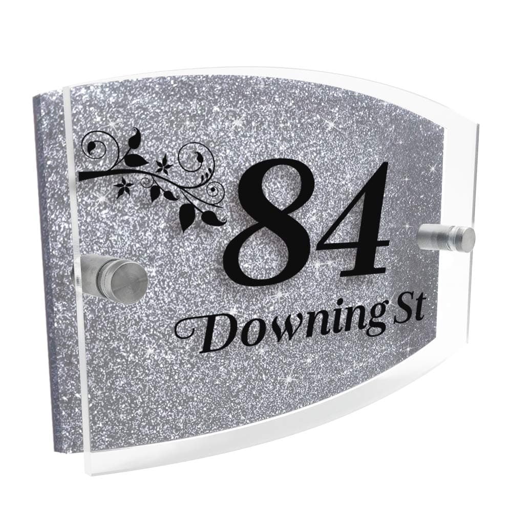 Modern House Sign Plaque Door Number | Personalised Glass Effect Acrylic Glitter Sign | Personalised House Number Hand Finished in UK (Silver, Design B)