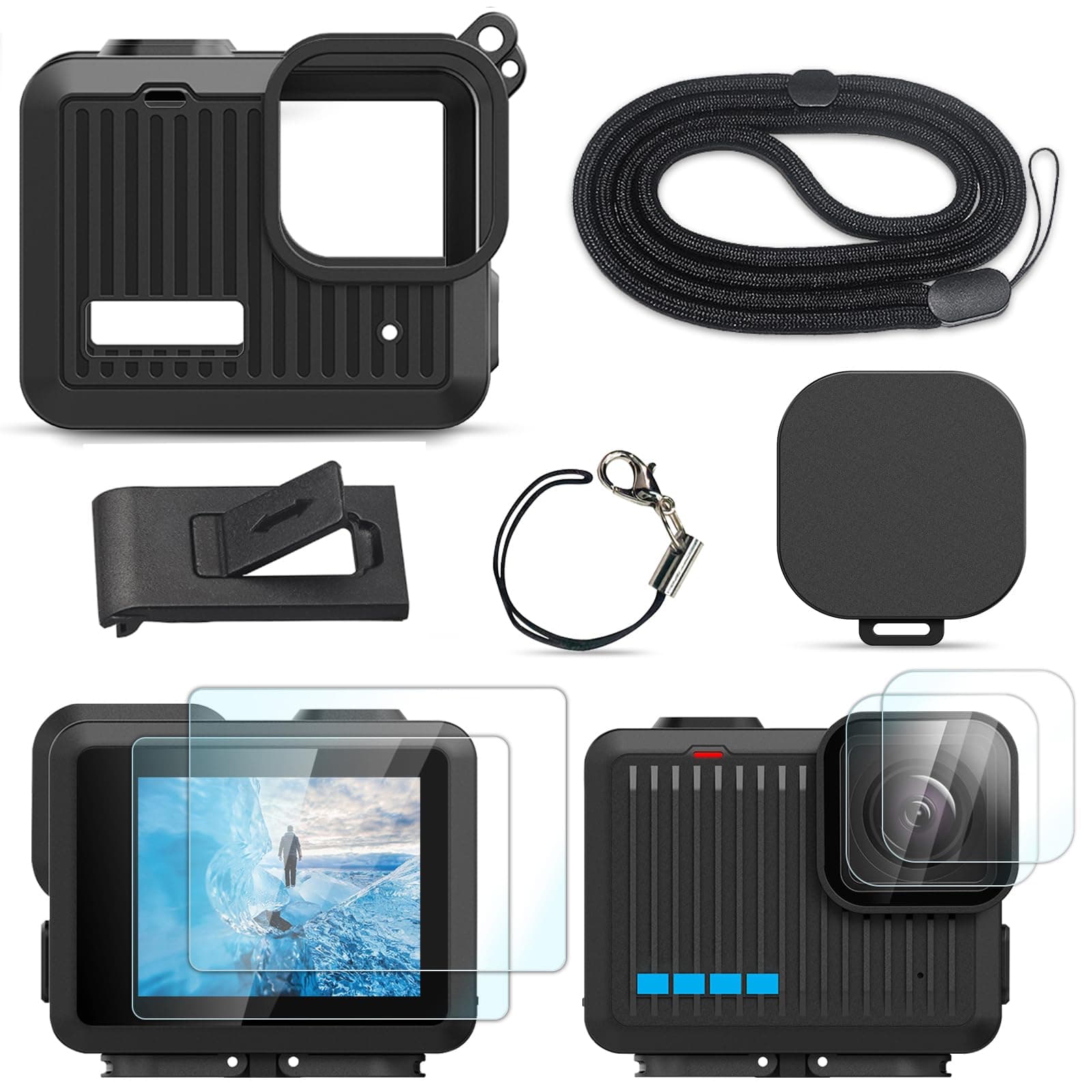 FiTSTILL Silicone Sleeve Rubber Case for Go Pro Hero,Protective Housing Case Replace Battery Side Cover&Screen Protectors& Lens Caps&Lanyard for Hero-4K Accessories Kit