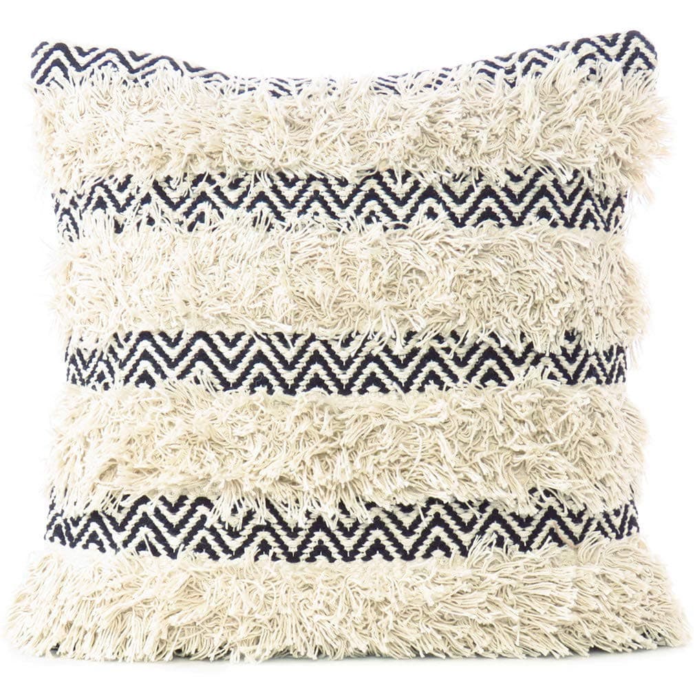 EYES OF INDIA - 20" Cream White Black Woven Tufted Tassel Cushion Pillow Cover Fringe Sofa Couch Throw Bohemian Embroidered COVER ONLY