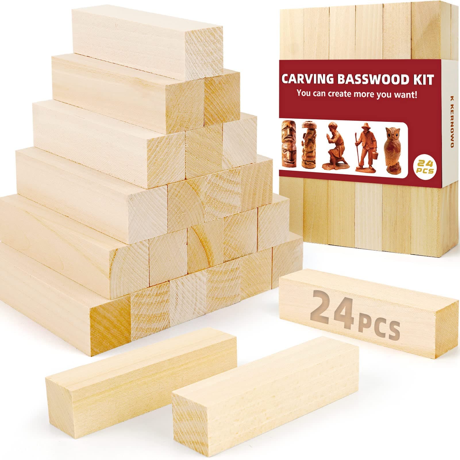 Basswood Carving Blocks, 24PCS Whittling Wood Blocks Wood Carving Kit, Bass Wood for Wood Carving Easy to Use, for Kids and Adults