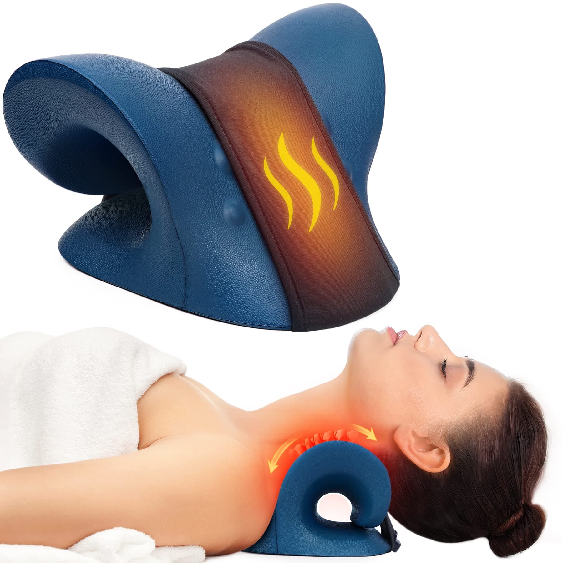 Cozyhealth Neck Stretcher for Neck Pain Relief, Heated Cervical Traction Device Pillow with Graphene Heating Pad, Neck and Shoulder Relaxer for TMJ Pain Relief and Cervical Spine Alignment (Dark Blue)