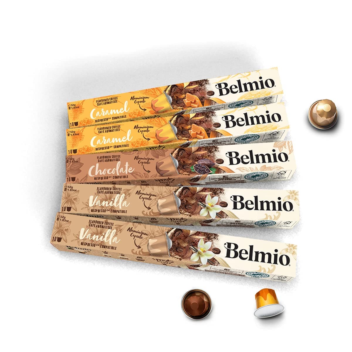 Belmio Coffee Capsules, Flavor Variety Pack, Vanilla Chocolate and Caramel Espresso, 50 count, Aluminum Compatible Capsules