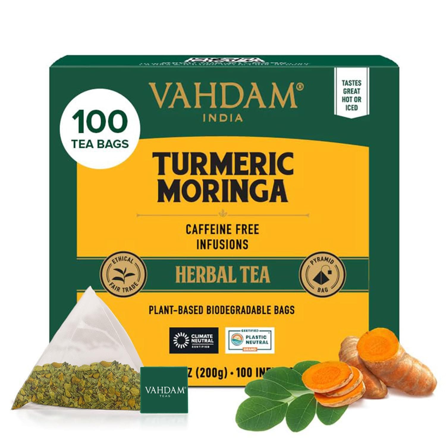 VAHDAM, Turmeric Moringa Tea Bags (100 Herbal Tea Bags) Caffeine Free, Non GMO, Gluten Free | 100% Pure Herbal Blend - Sweet & Earthy | Resealable Ziplock Pouch