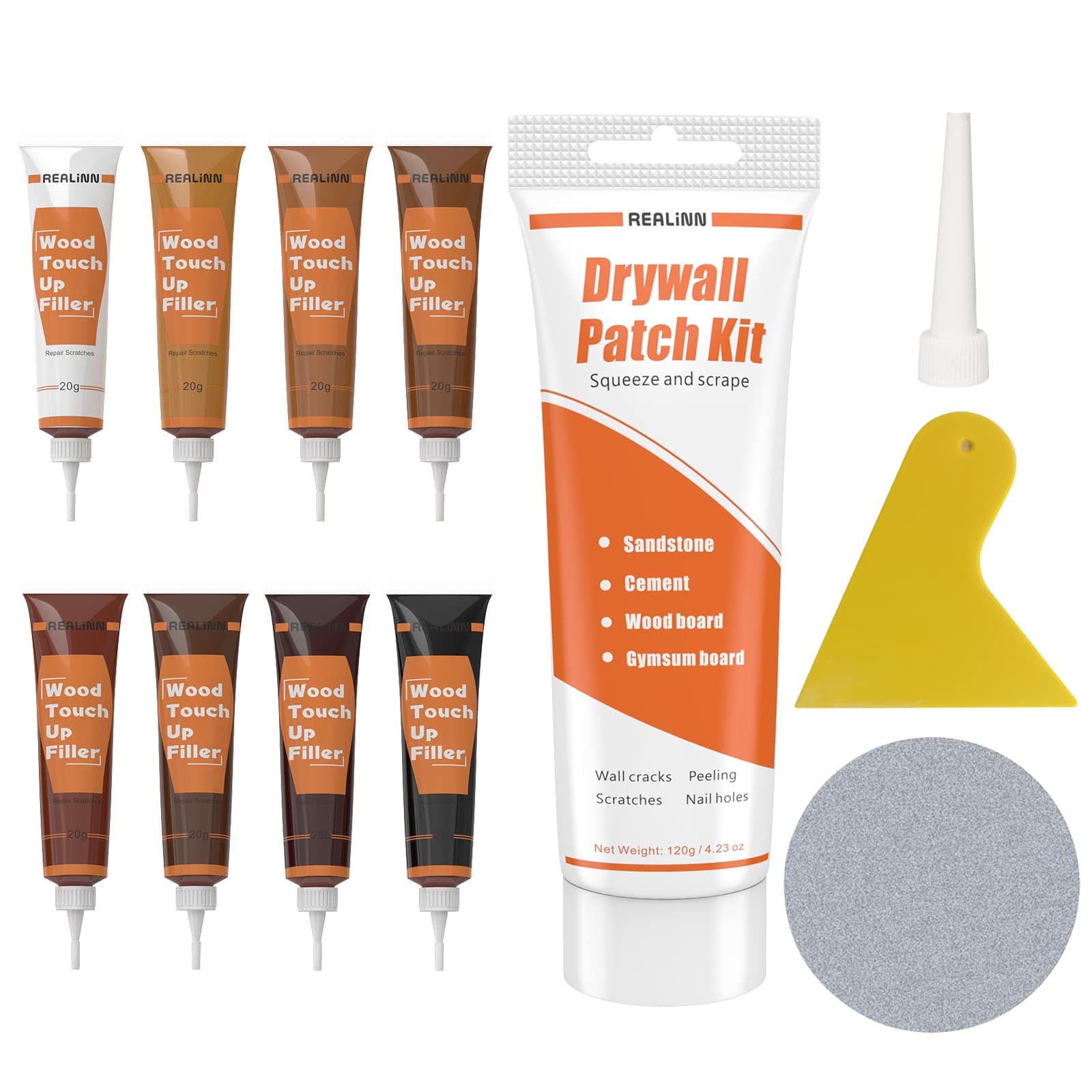 REALINN Wood Furniture Repair Kit - Touch Up Fillers with Wood Putty Repair Paste - Repair Scratch, Crack, Chip, Hole for Wooden Door, Floor, Table, Cabinet- Restore Any Wood, Cherry, Walnut, Maple