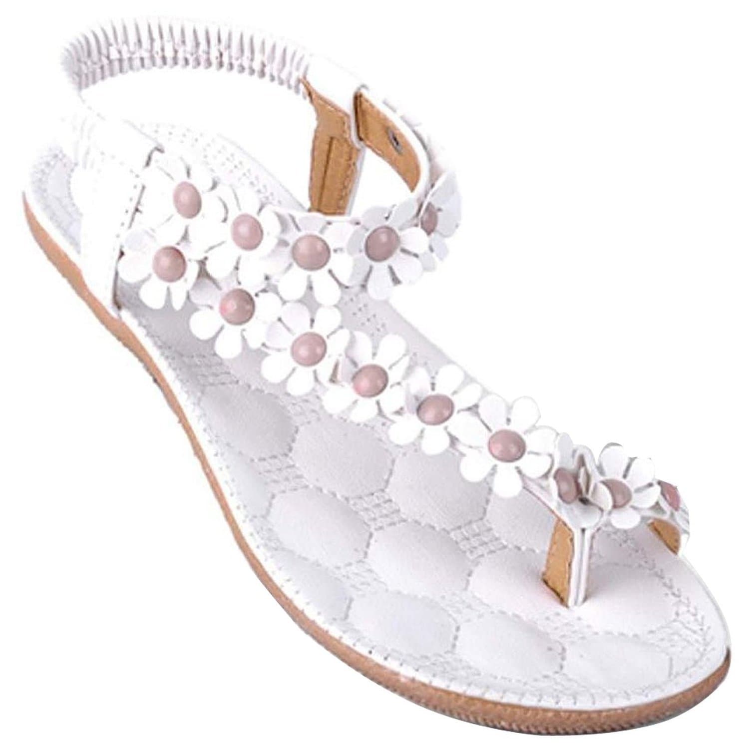 Minetome Ladies Sexy Girls Summer Slippers Bohemia Flower Bead Flip Flop Shoes Flat Sandals (White UK 4 EU 37)