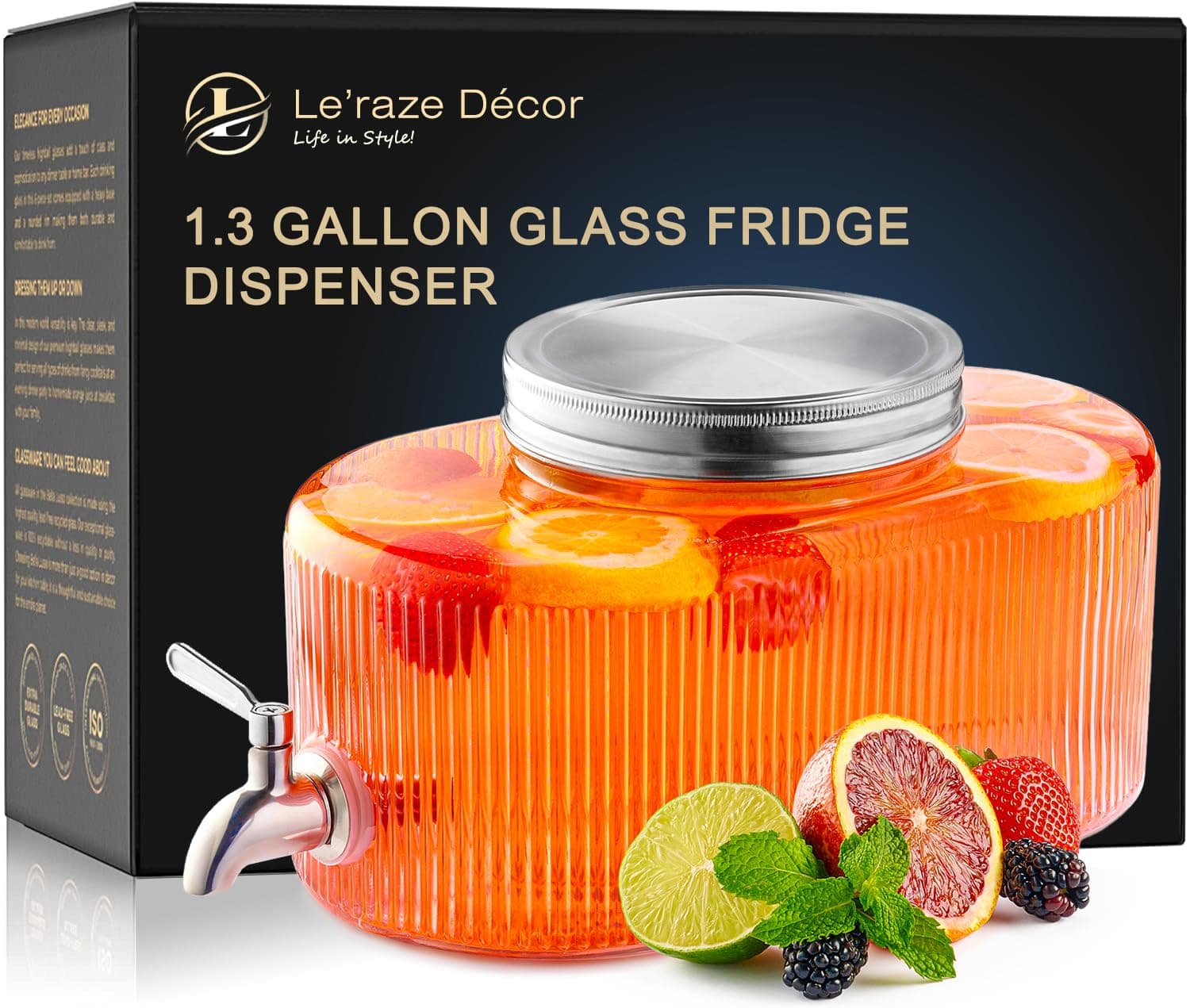 Glass Drink Dispenser for Fridge - 100% Leakproof Stainless Steel Spigot - Liquid Laundry Detergent Dispenser, Punch Bowl Beverage Dispenser for Parties, Water Dispenser Countertop, 5L Jug 1.32 Gallon