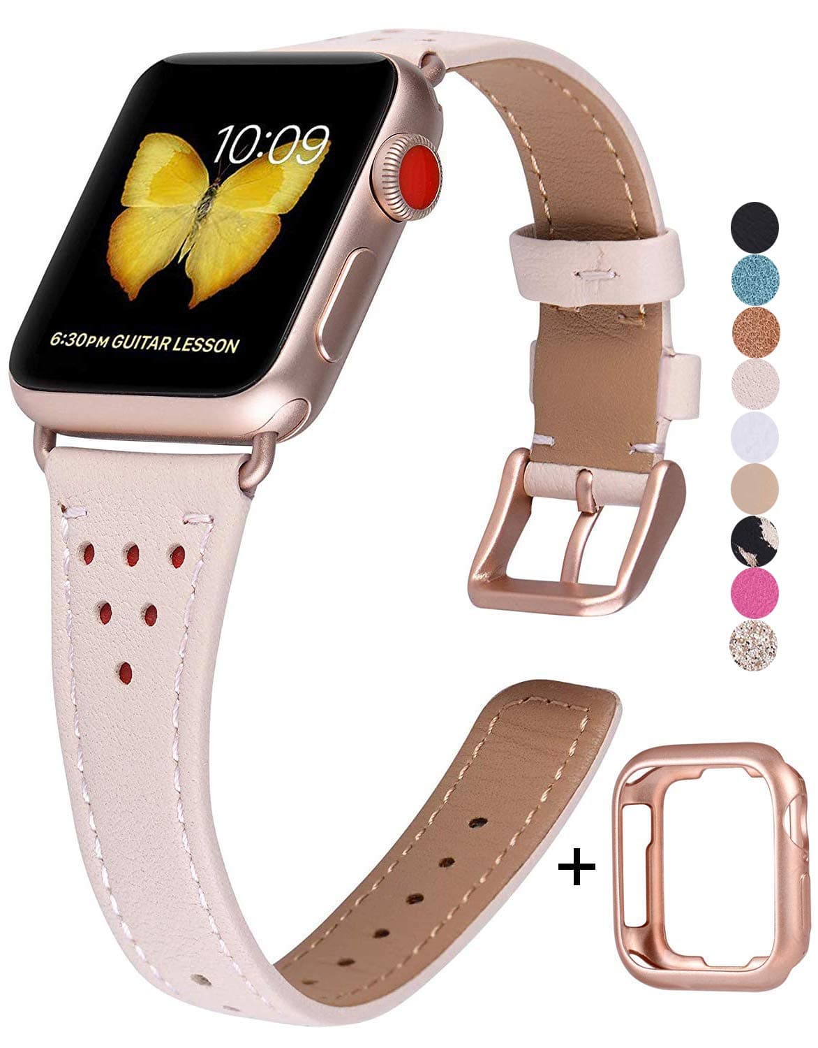 Genuine Leather Band Compatible with Apple Watch 38mm 40mm 42mm 44mm Women Slim Thin Strap for iWatch SE/Series 6/5/4/3/2/1(Pink Sand,38mm/40mm S/M)