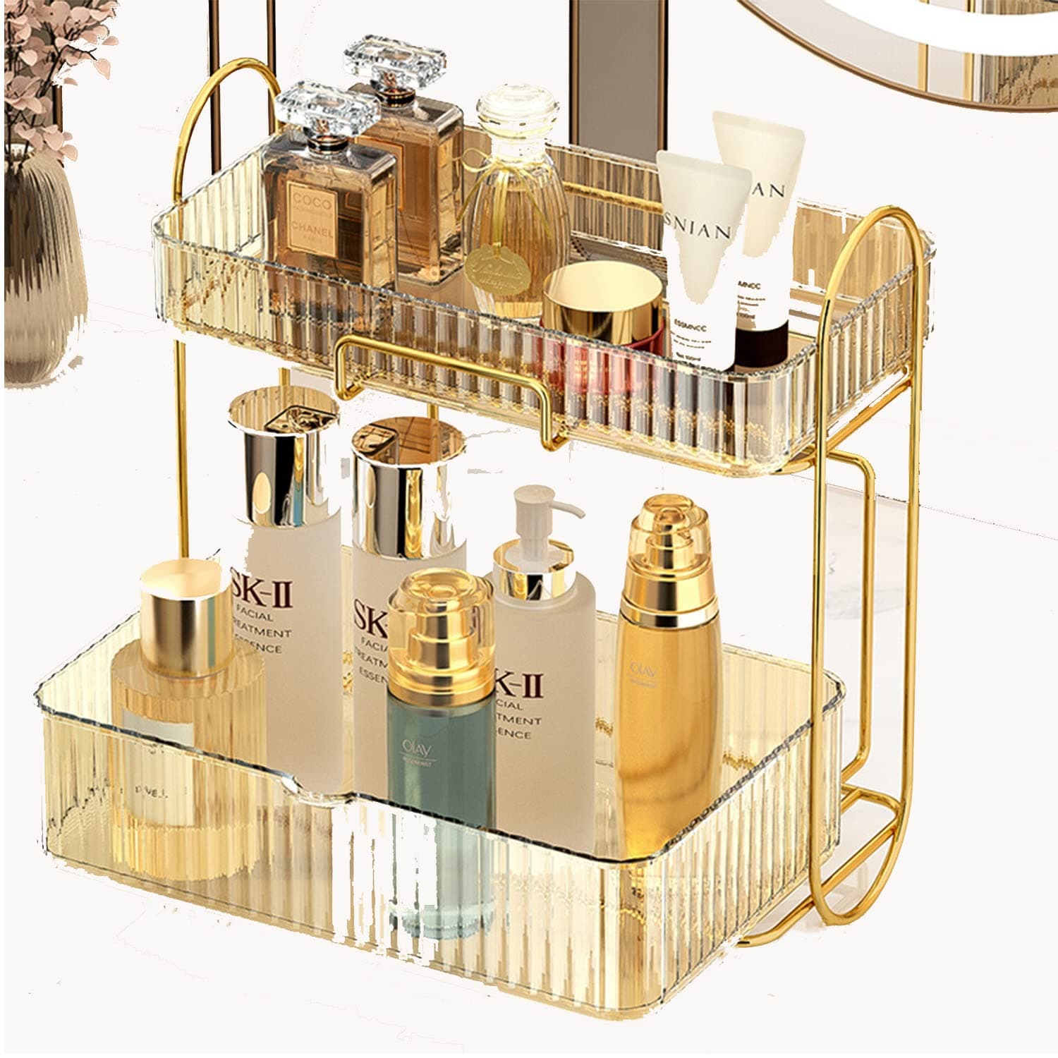 TEEMEIDesktop Makeup Shelf Organizer，Lipstick Perfume Skin Care Product Storage Box，Cosmetic Storage Organizer，Luxury Fashion Cosmetic Storage Rack (amber)