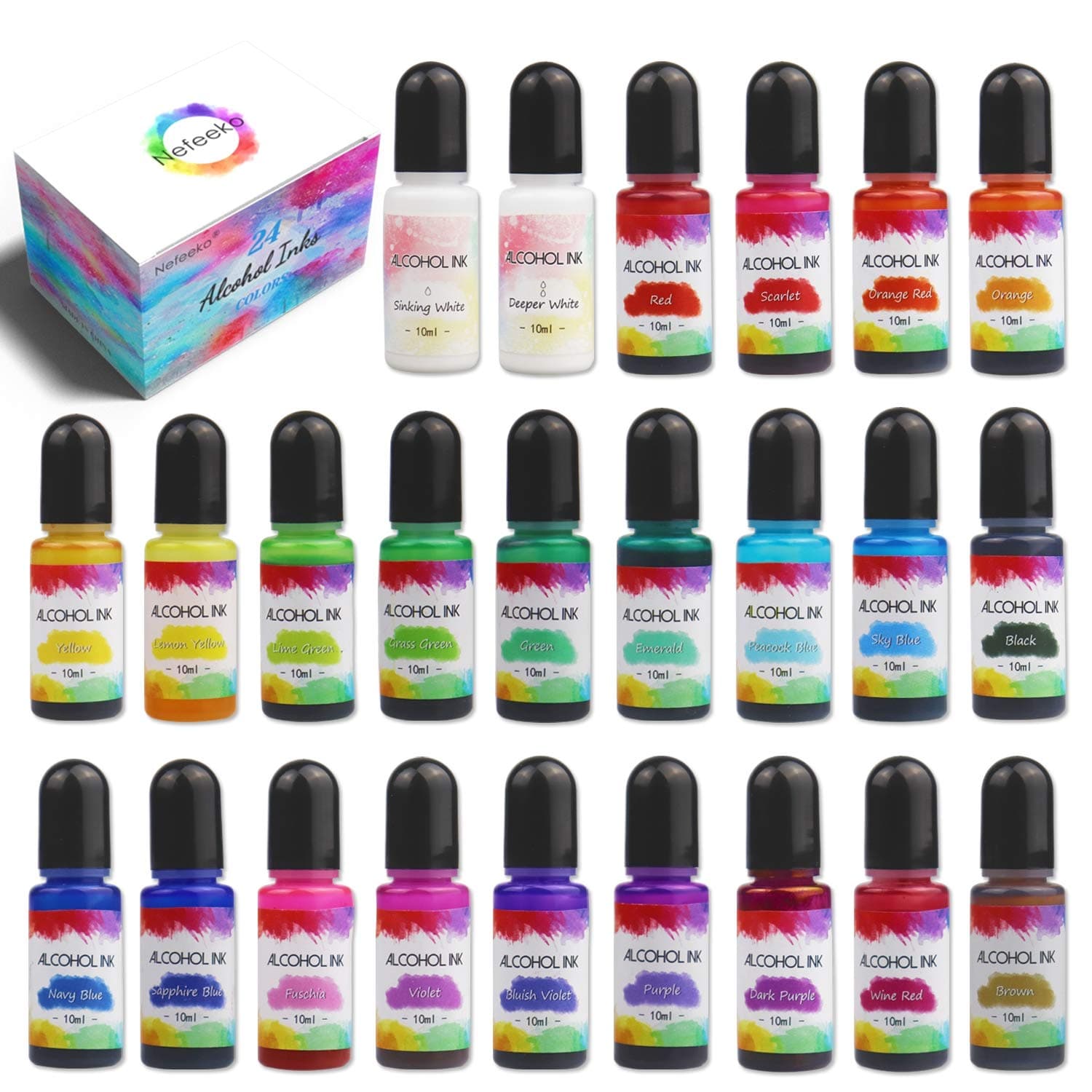 Alcohol Ink Set Resin Dye, 24 Bottles Vibrant Alcohol Ink for Epoxy Resin Painting, Concentrated Alcohol-Based Ink Epoxy Resin Pigment for Tumbler,Petri,Ceramic,Yupo,Fluid Art Painting(0.35oz Each)