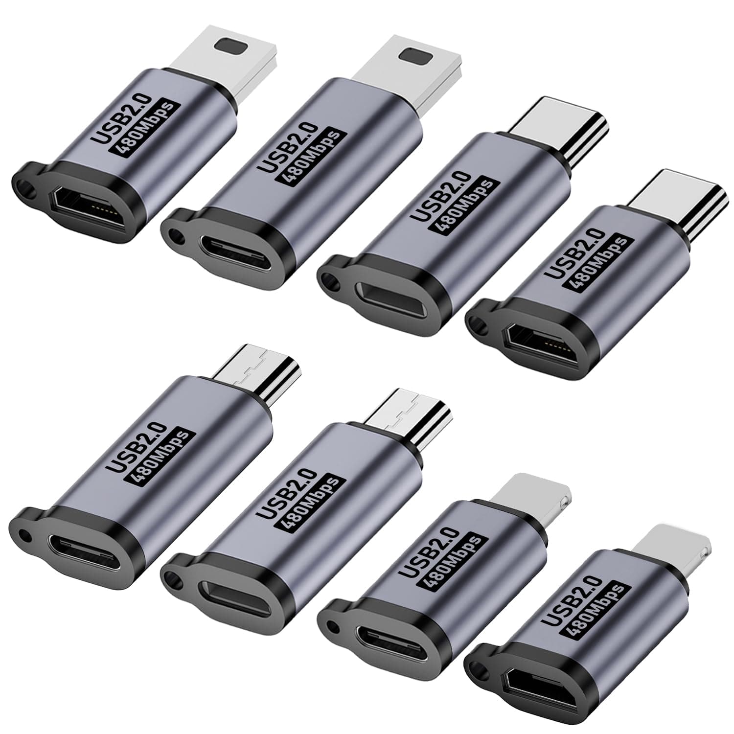 Jadebones USB C to Micro USB/Mini USB/Lighting Adapter, Light-ning to USB C/Micro USB Converter, Micro USB 2.0 to Type C/Lighting/Mini USB Connector (8 Pack)