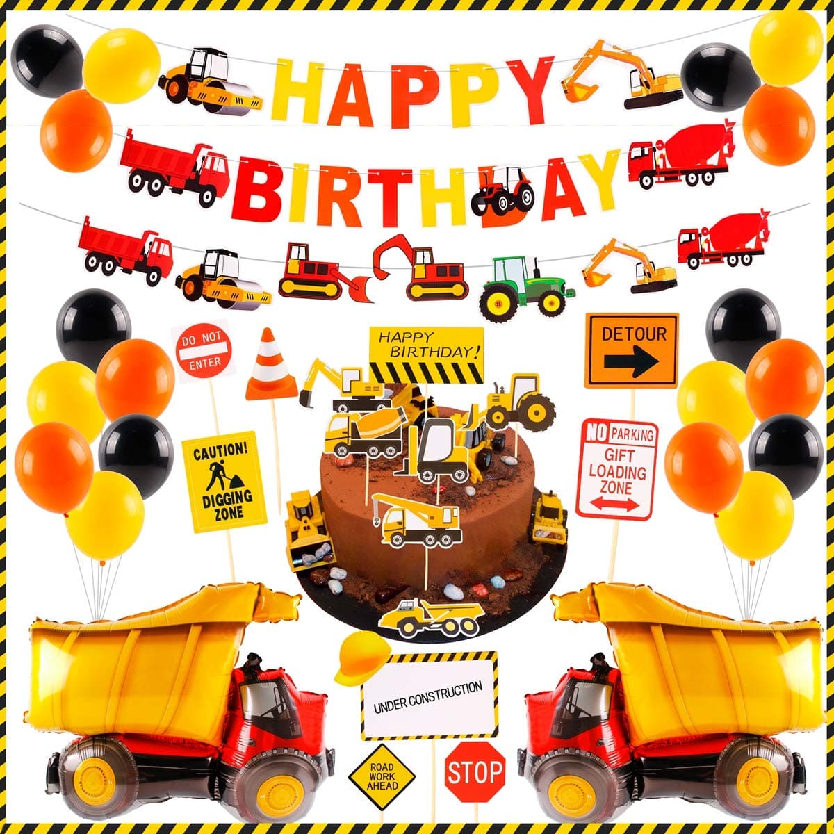 Construction Birthday Supplies Boys Party - Construction Balloons, HAPPY BIRTHDAY and Construction Paper Banner, Construction Signs for Kids Construction Birthday, Dump Truck Decorations Party, Boys Birthday