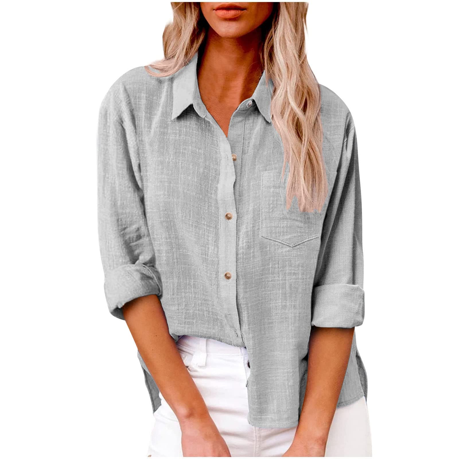 Womens Cotton Linen Button Down Shirt