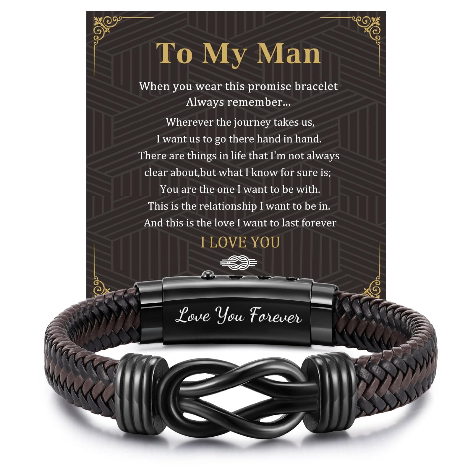 Men's Bracelets Gifts for Men - Brown Braided Leather Infinity Knot Bracelets Engraved Love Massage for Son Daddy Man Brother Husband Boyfriend, Personalised Mens Bracelets Gift for Birthday Christmas