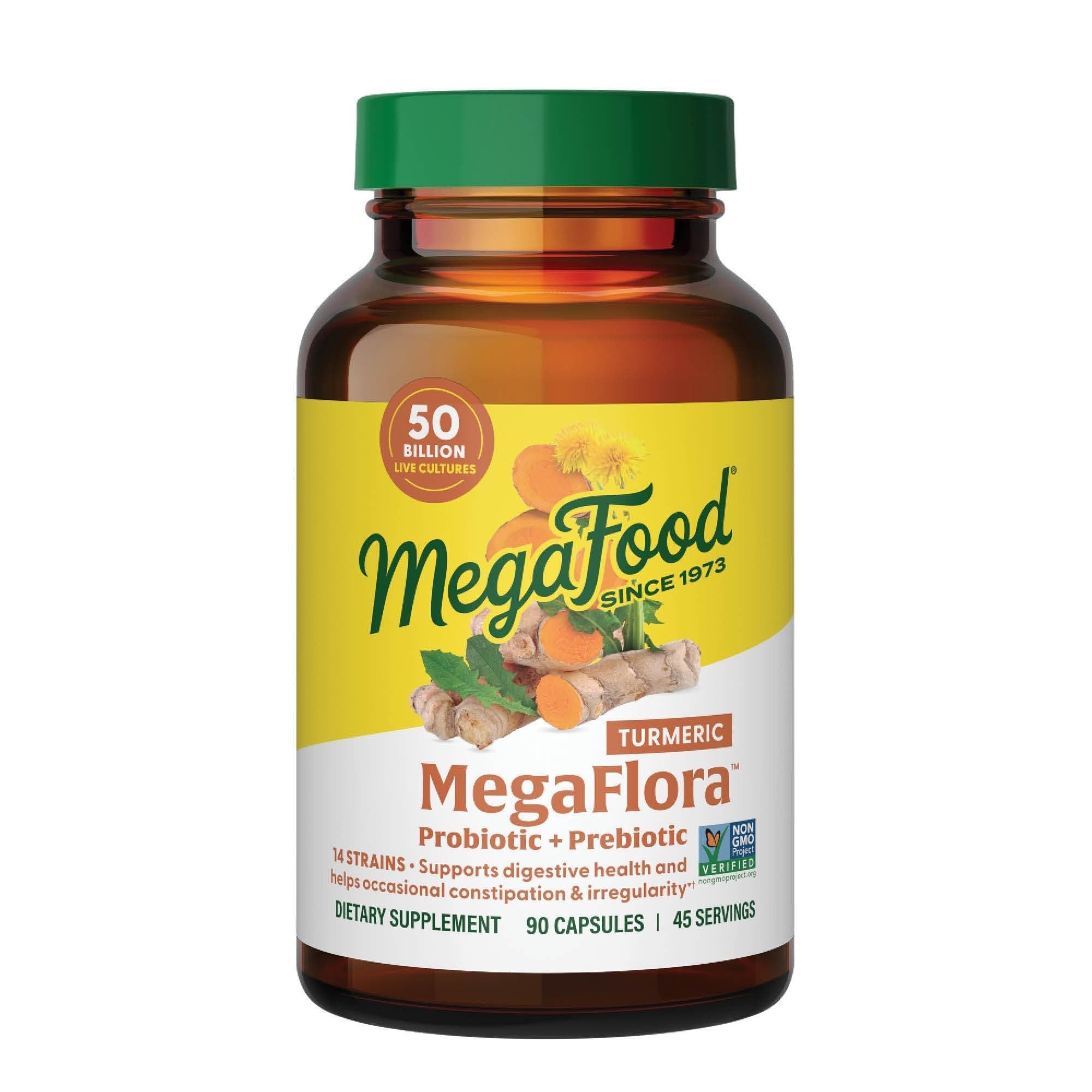 MegaFlora Probiotics + Prebiotics Turmeric Supplement - Prebiotics and Probiotics for Women and Men, Digestive Health, 50 Billion CFUs, 14 Strains - 90 Capsules (45 Servings)