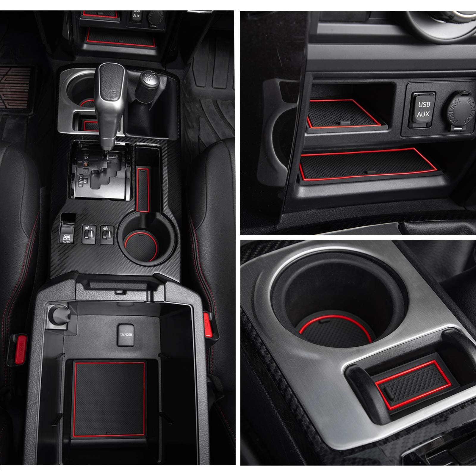 JDMCAR Liner Accessories Compatible with Toyota 4Runner 2010-2019 2020 2021 - Premium Cup Holder, Console, and Door Pocket Inserts 27-pc Set (2 Rows of Seats) (Red Trim)